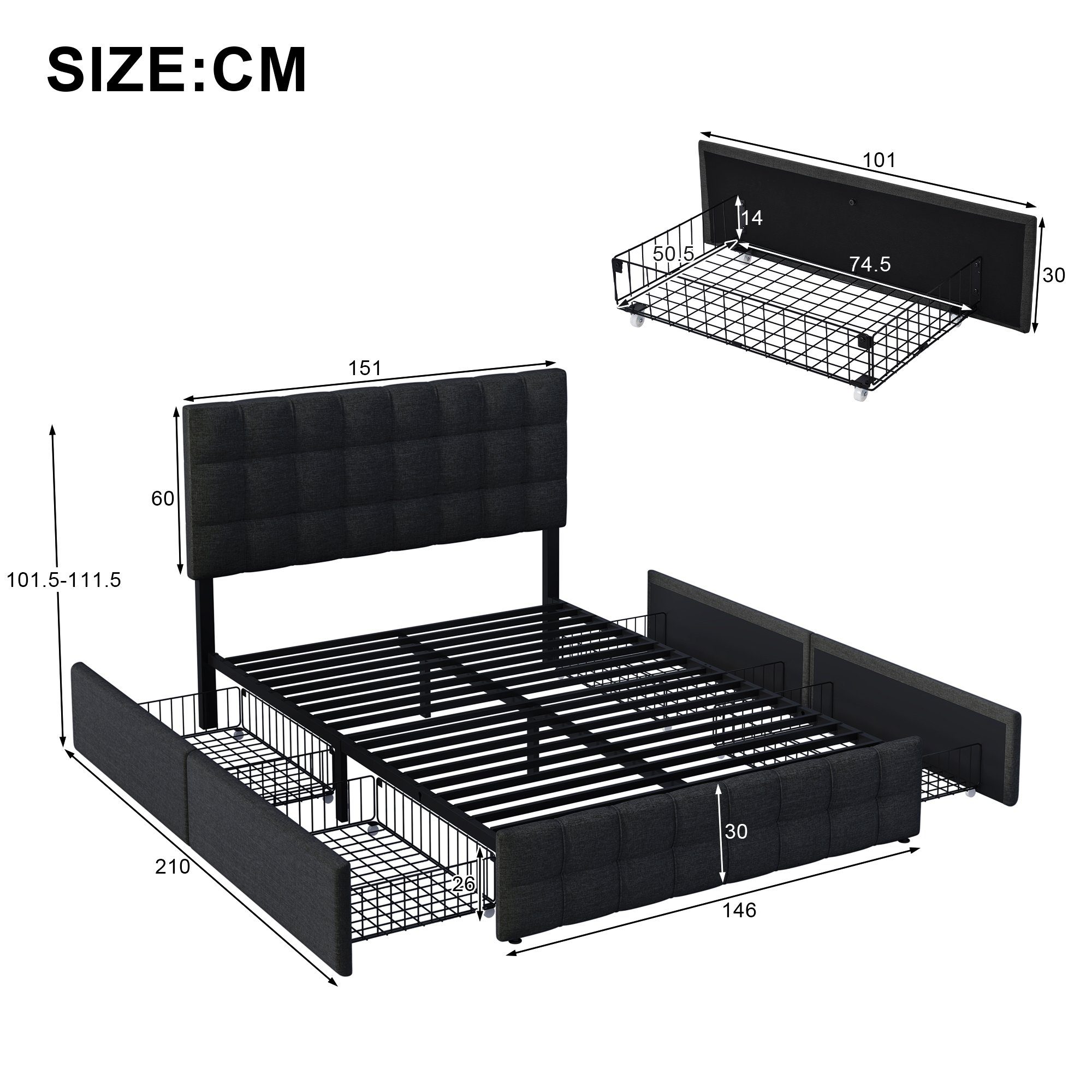 WISHDOR Polsterbett Doppelbett Bett und (Bettgestell Schubladen aus Bezug Funktionsbett 140*200 Bettstauraum Matratze Hautfreundlicher Aufbewahrung Leinen mit cm 4 Lattenrost + Funktion), Schwarz ohne