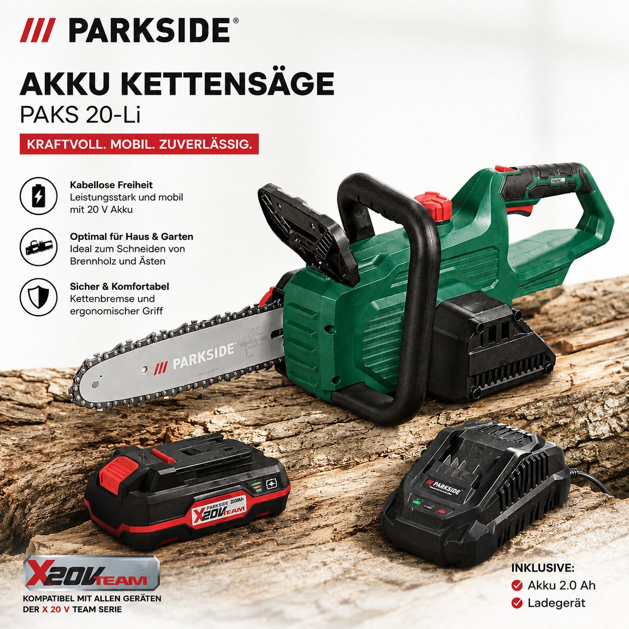 Parkside Akku-Kettensäge PARKSIDE Akku Kettensäge PAKS 20-Li mit Akku 2.0 Ah und Ladegerät