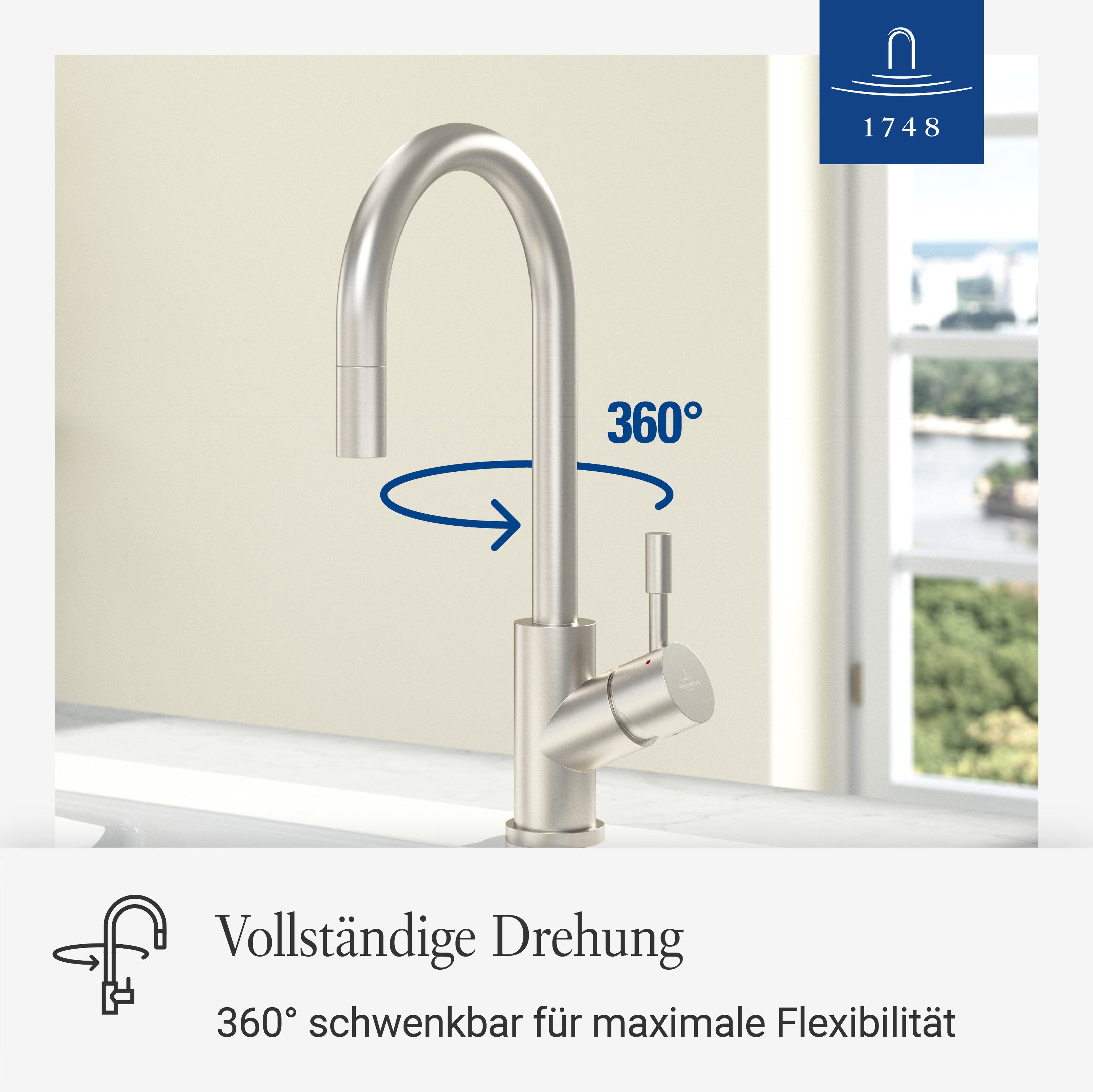 Villeroy & Boch Küchenarmatur Umbrella Flex ausziehbare Handbrause, 360° Schwenkbereich, Edelstahl massiv