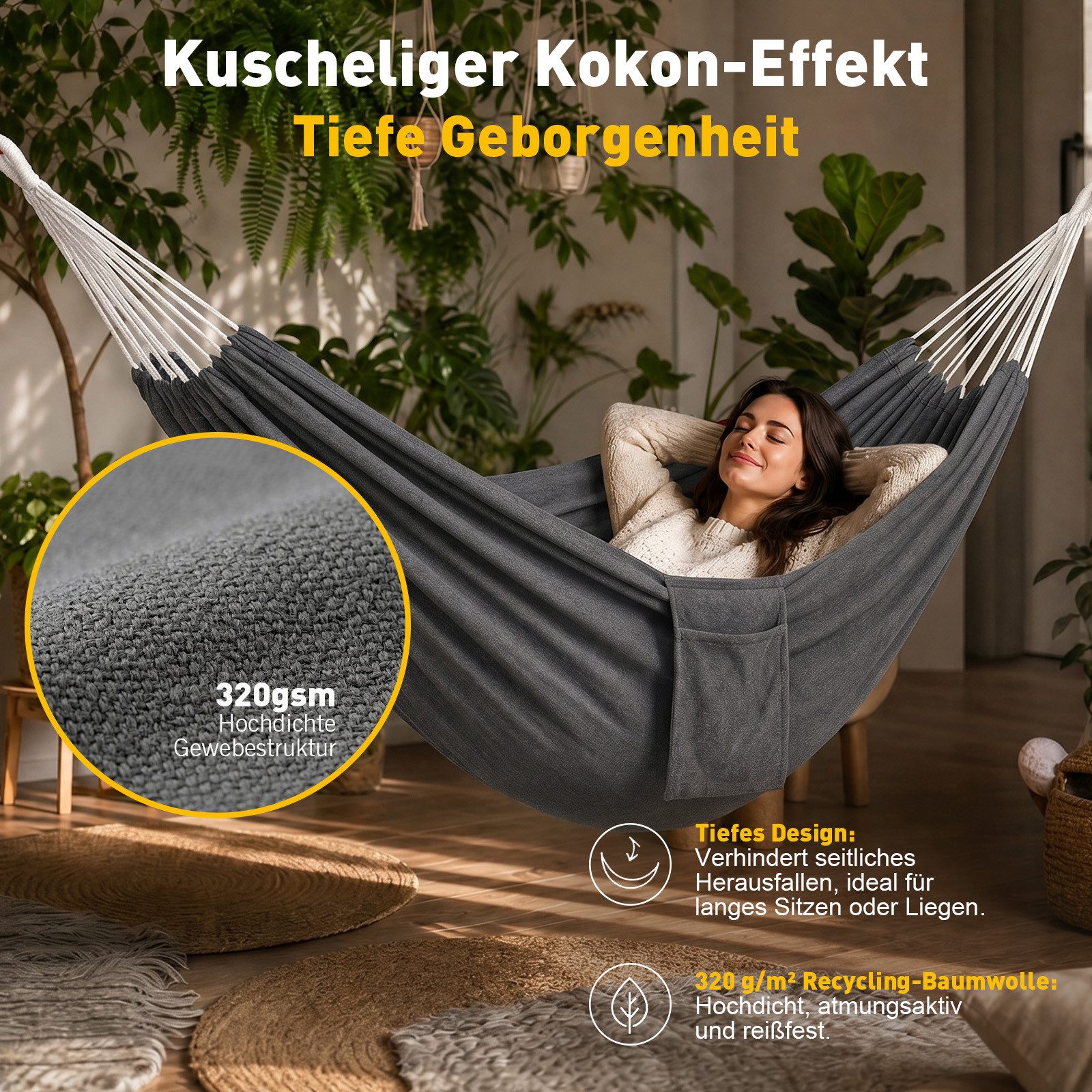 Sekey Hängematte mit Karabinern Tragetasche aus Baumwolle Doppelhängematte für Outdoor, bis 200 kg belastbar, für Garten, Balkon, Terrasse, Indoor und Camping – Bild 5 von 5