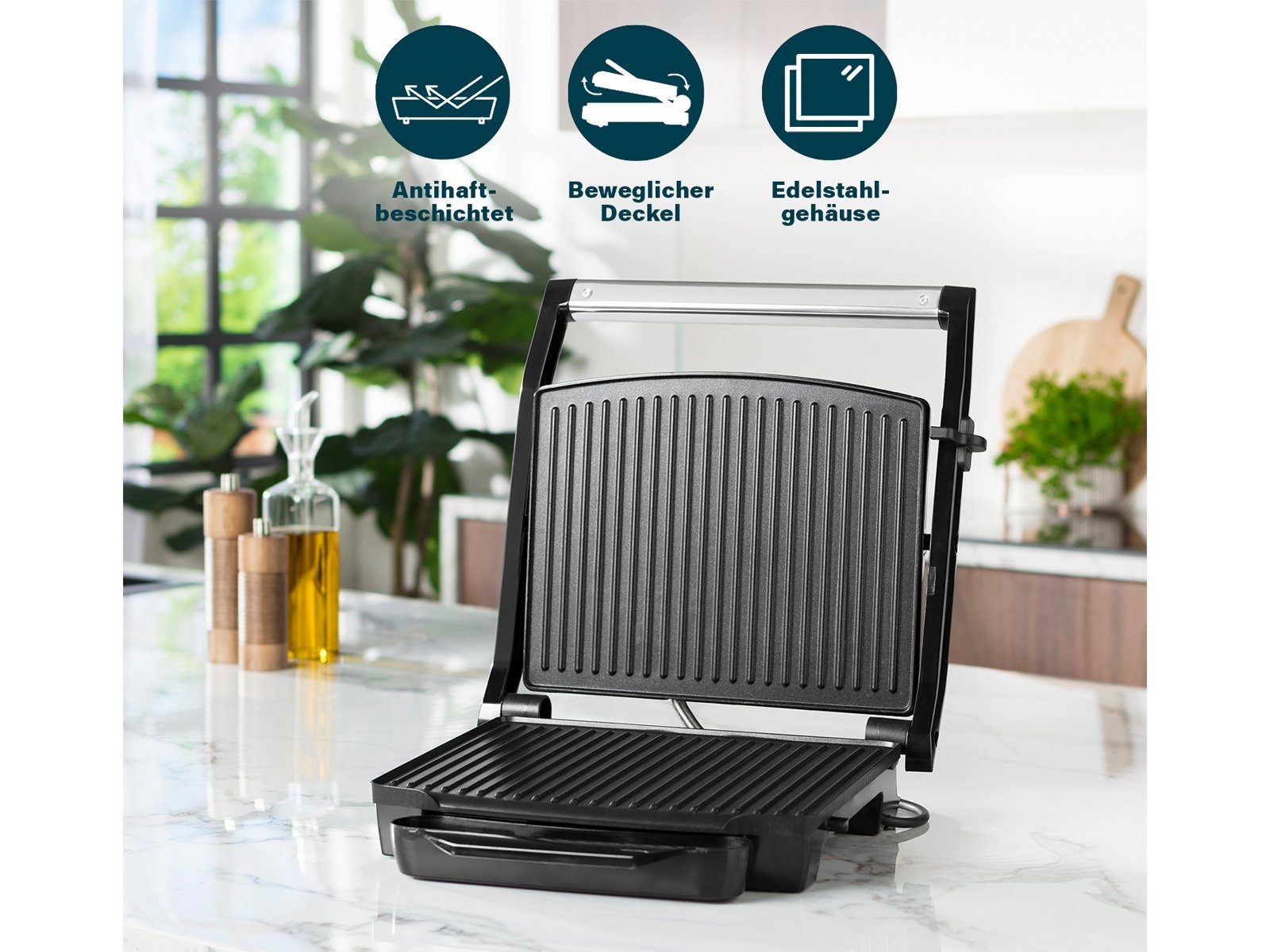 PRINCESS Kontaktgrill, 2000 W, Elektro Indoor Tisch-Grill Multi Steak-Grill Snack Panini-Maker, Zange