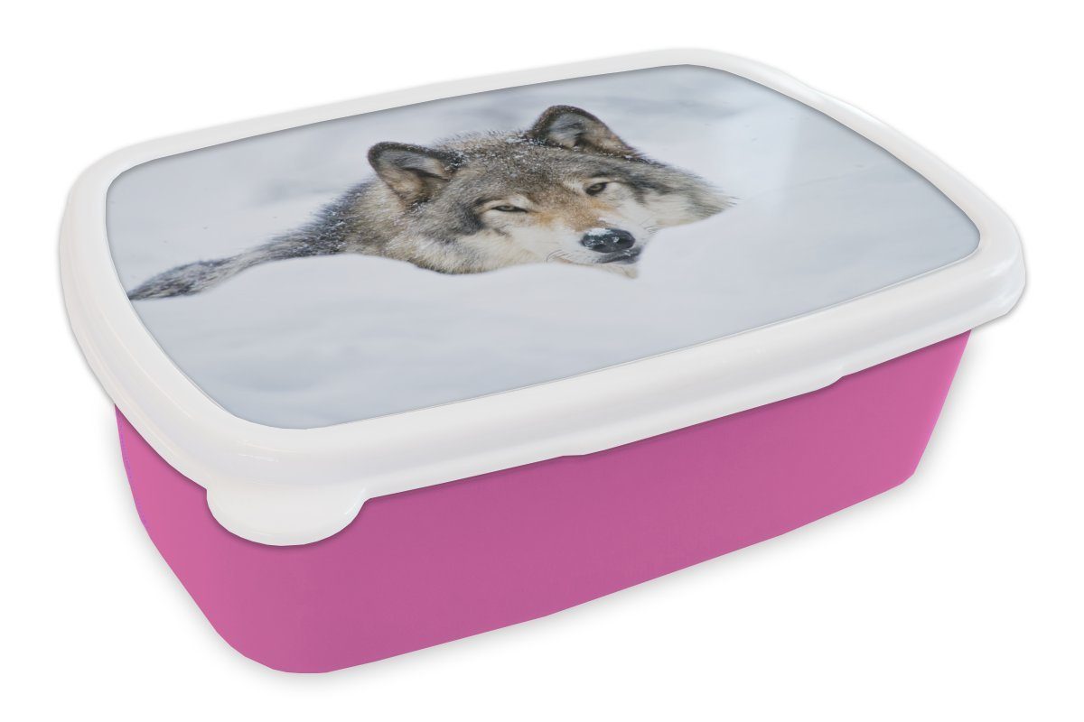 MuchoWow Lunchbox Wolf - Schnee - Mantel, Kunststoff, (2-tlg), Brotbox für Erwachsene, Brotdose Kinder, Snackbox, Mädchen, Kunststoff rosa