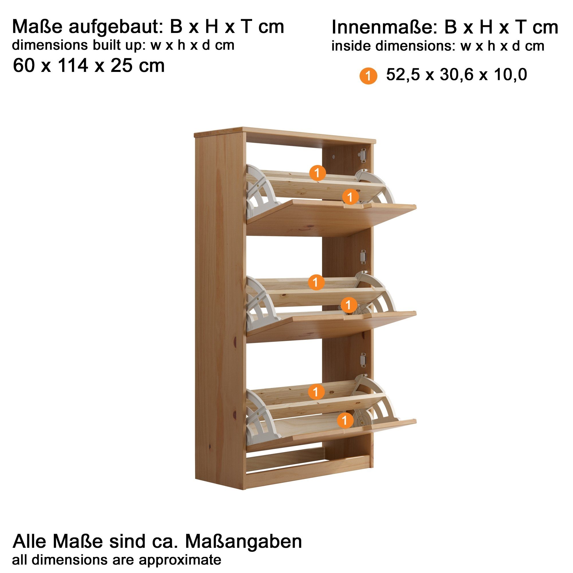 (BxHxT: Schuhkipper I Kiefer aus Medford in Massiv möbelando cm), 60x114x25 Honigfarben