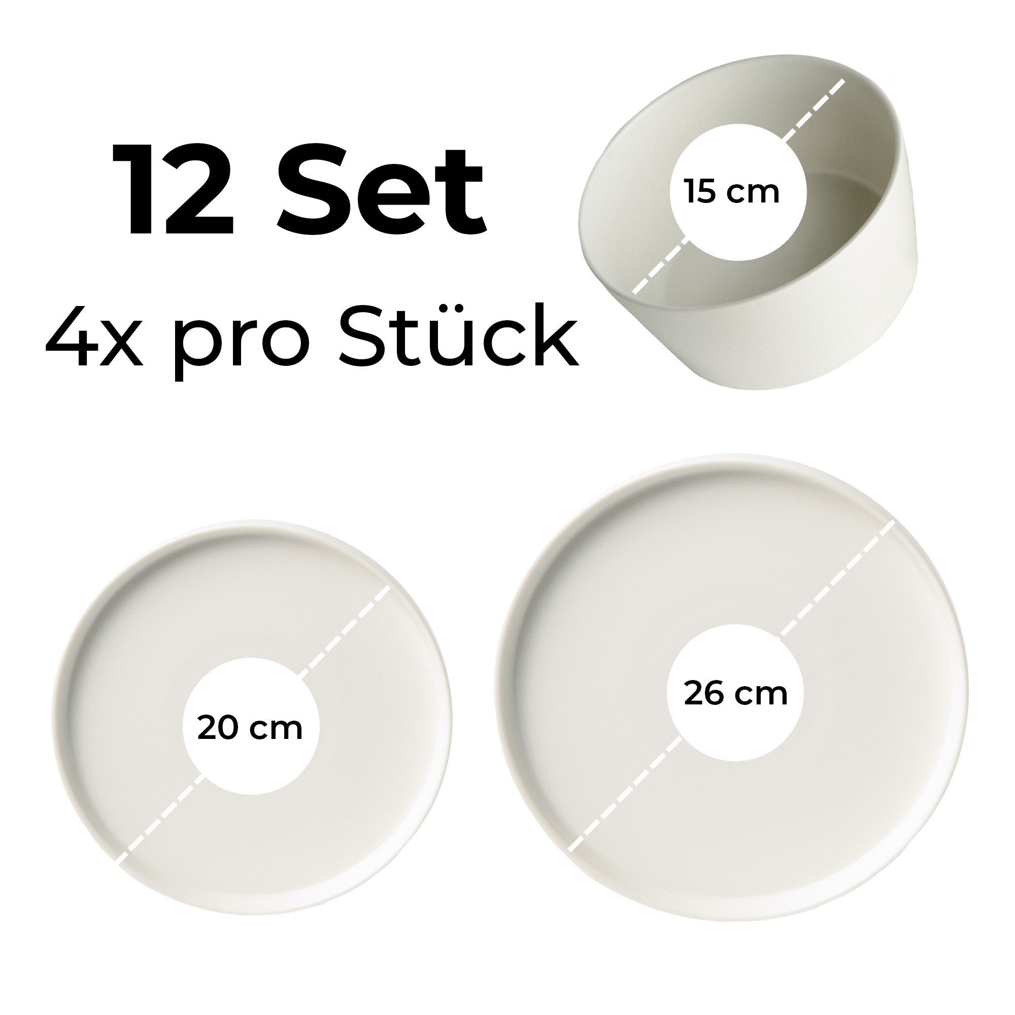 MiaMio Geschirr-Set Geschirrset für 4 Personen / 12-teiliges Tafelservice Luxe Weiß