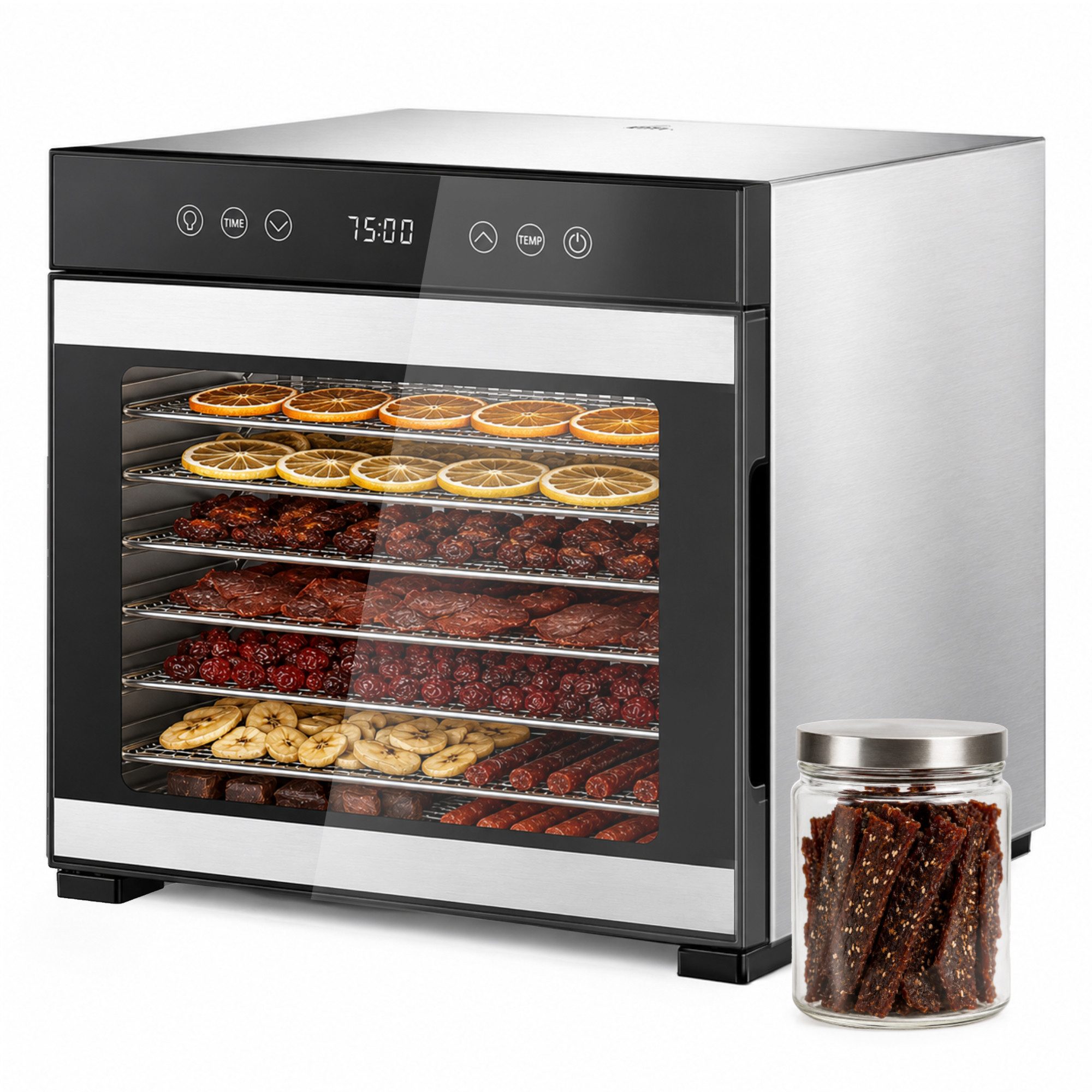 Furnicopia Dörrautomat Edelstahl Lebensmitteltrockner – 10 Tabletts, 48h, 850W 650 W, 8 Etagen, 360°-Umluft, 24-h-Warmhalten, für Obst, Jerky u. a., inkl. Rezeptbuch