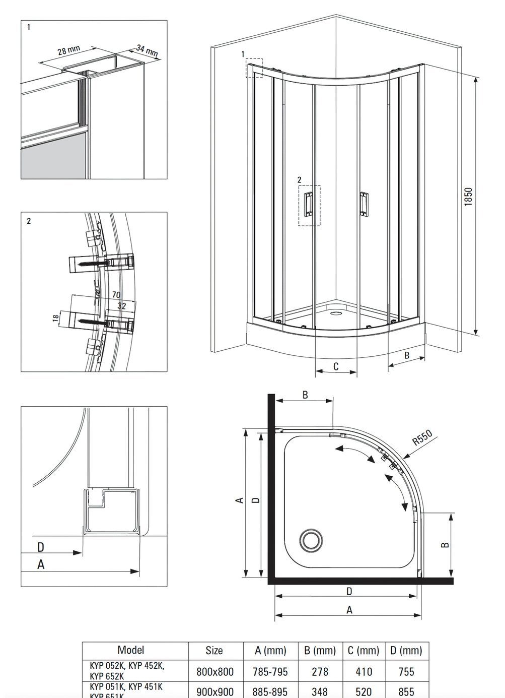 KOLMAN Komplettdusche Funkia Halbrund Duschkabine mit Duschwanne, BxT: 80x80 cm, Sicherheitsglas, 185 cm, Transparentes Glas, Ablaufgarnitur Gratis – Bild 5 von 5
