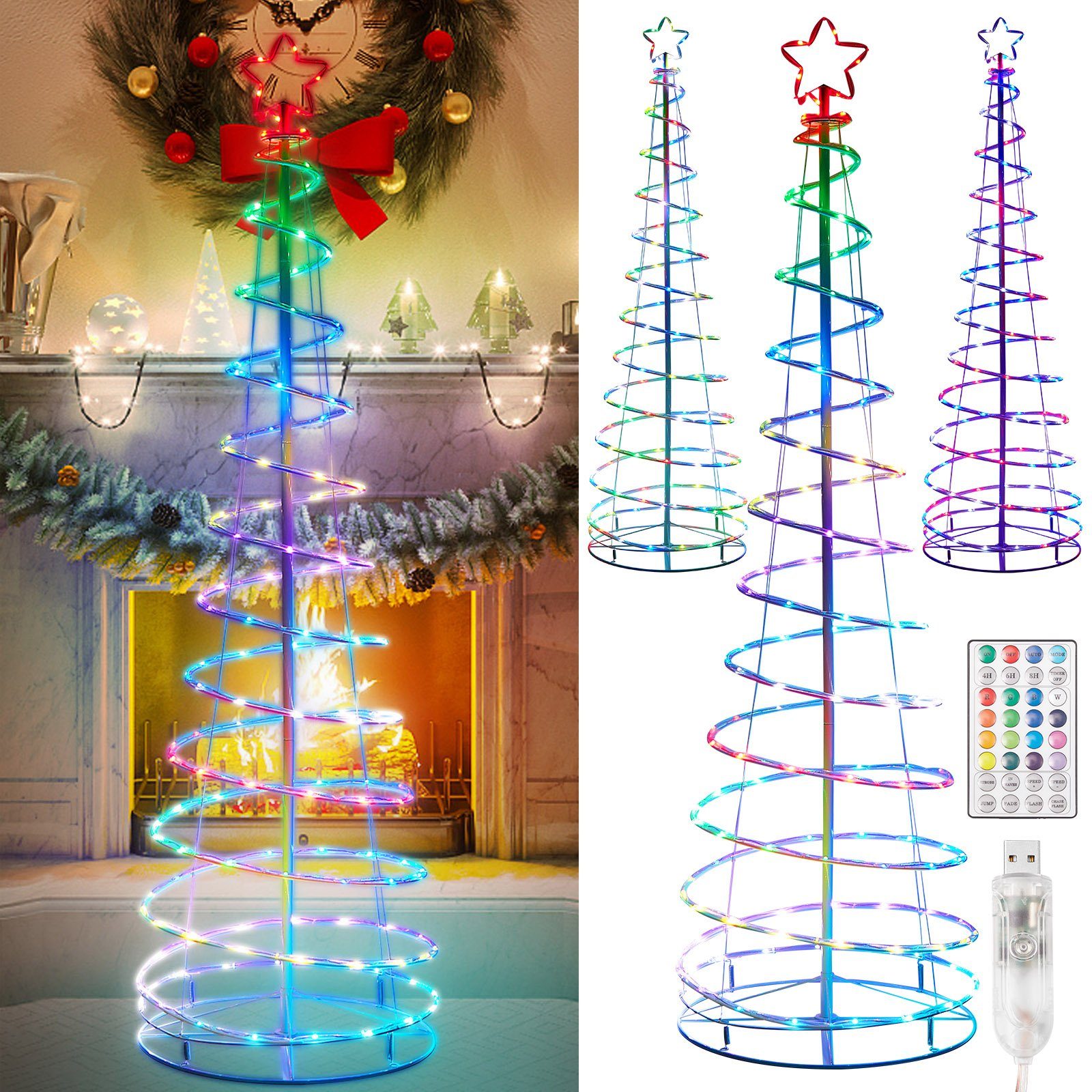 Merry 2024 Christbaumschmuck LED Baum Weihnachtsbaum,LED Lichterbaum Lichterkette, RGB, 8 Modi, Timer,Faltbar,Christbaumbeleuchtung,Weihnachtsdeko