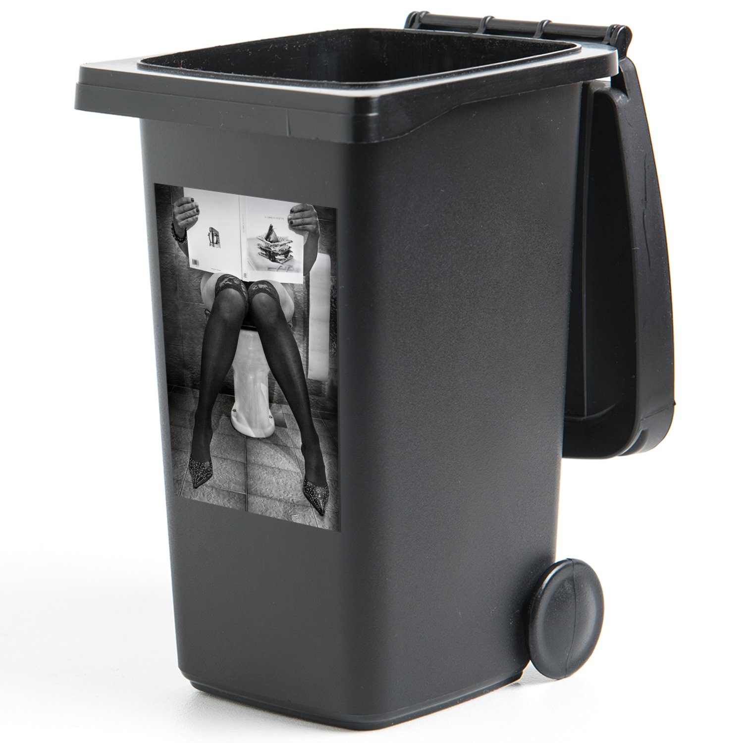 MuchoWow Wandsticker Toilette - Frau (1 Sticker, - Mülltonne, Mülleimer-aufkleber, Schwarz - St), Weiß - Abfalbehälter Buch Container