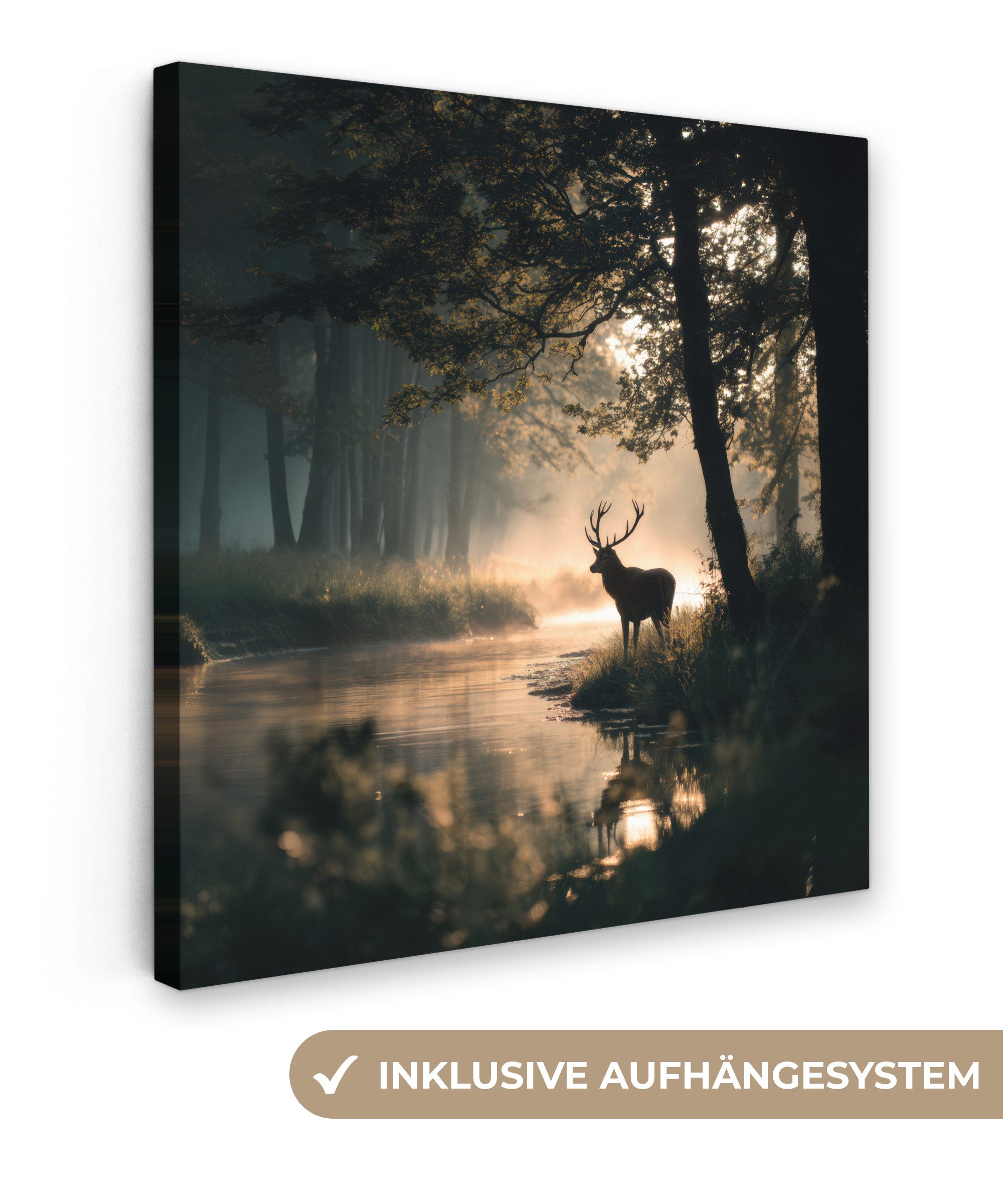OneMillionCanvasses® Leinwandbild Hirsche - Waldbach - Mystisch, Fotodruck günstig online kaufen
