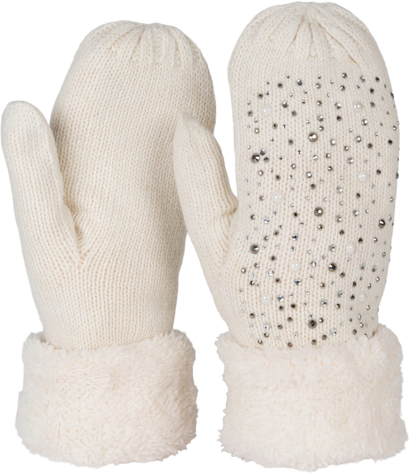 styleBREAKER Fäustlinge Strickhandschuhe Fäustlinge mit Strass und Perlen (1-St)