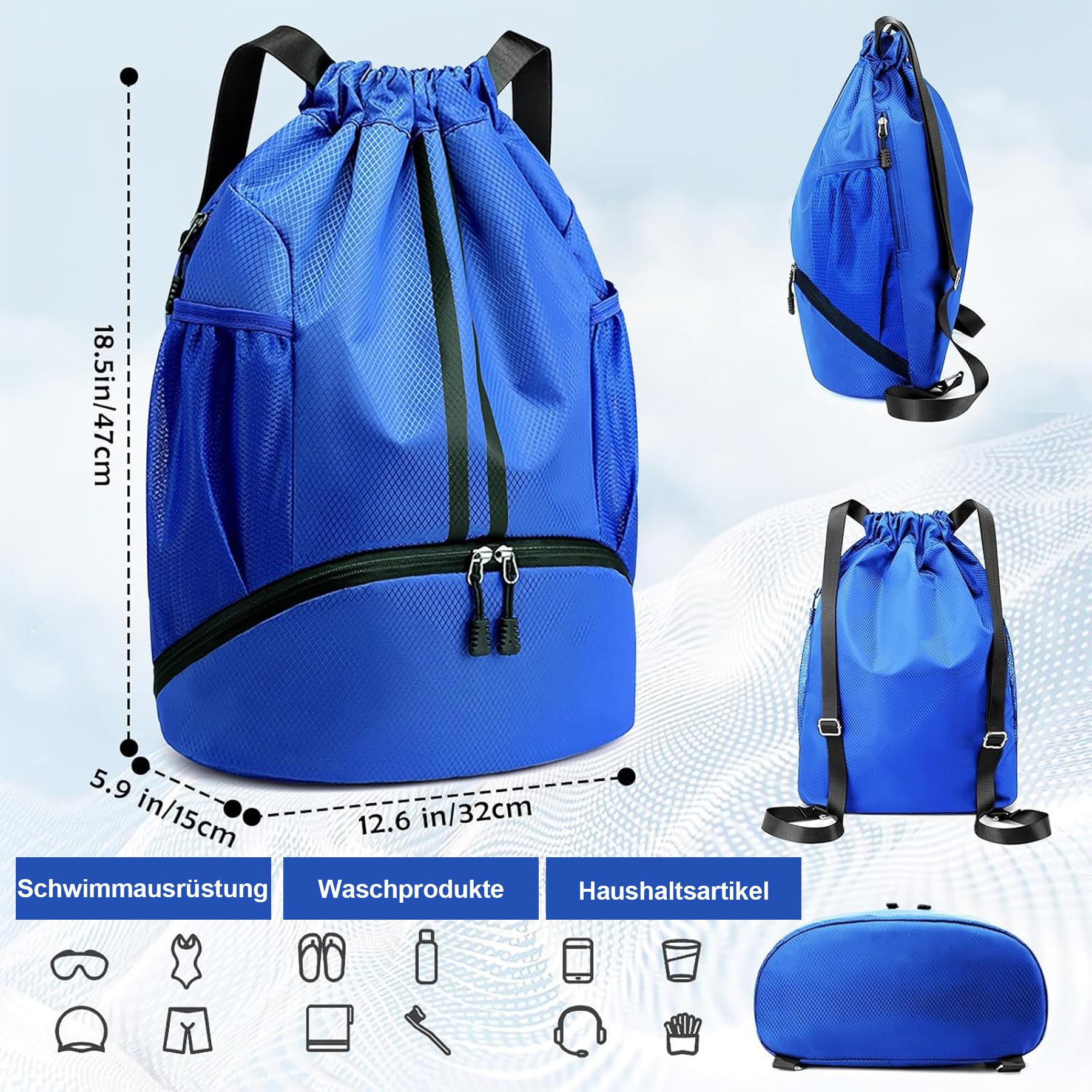 Bold leisure bag, drawstring gym bag, waterproof sports bag with bottom compartment (sports backpack, gym bag with inner and outer pockets, drawstring bag, for sports, travel and city use, swim bag), for women and men