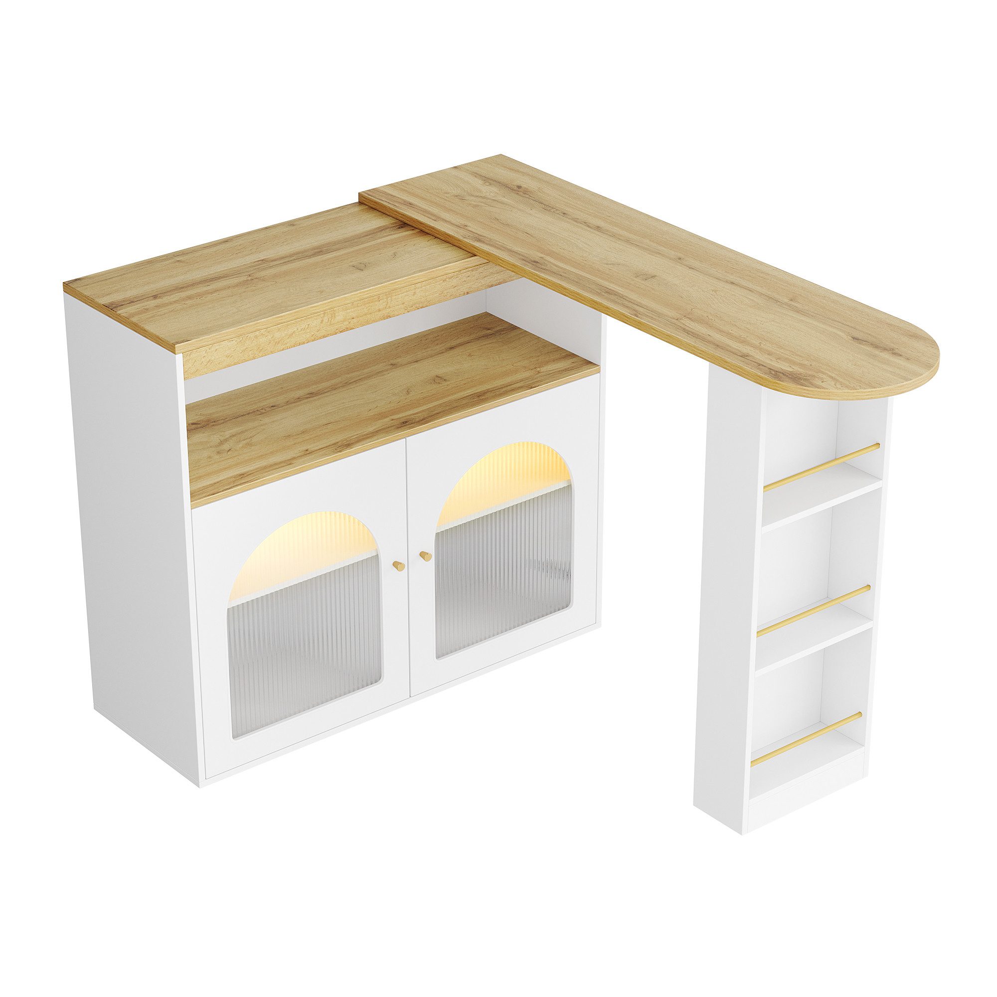 DOPWii Konsolentisch 138-193X39X105CM Ausziehbarer Bartisch,Esstisch mit Stauraum,Drehbar, Stehtisch,Bistrotisch,Mit 1m langem Lichtstreifen,Dimmbar Lichtfarbe