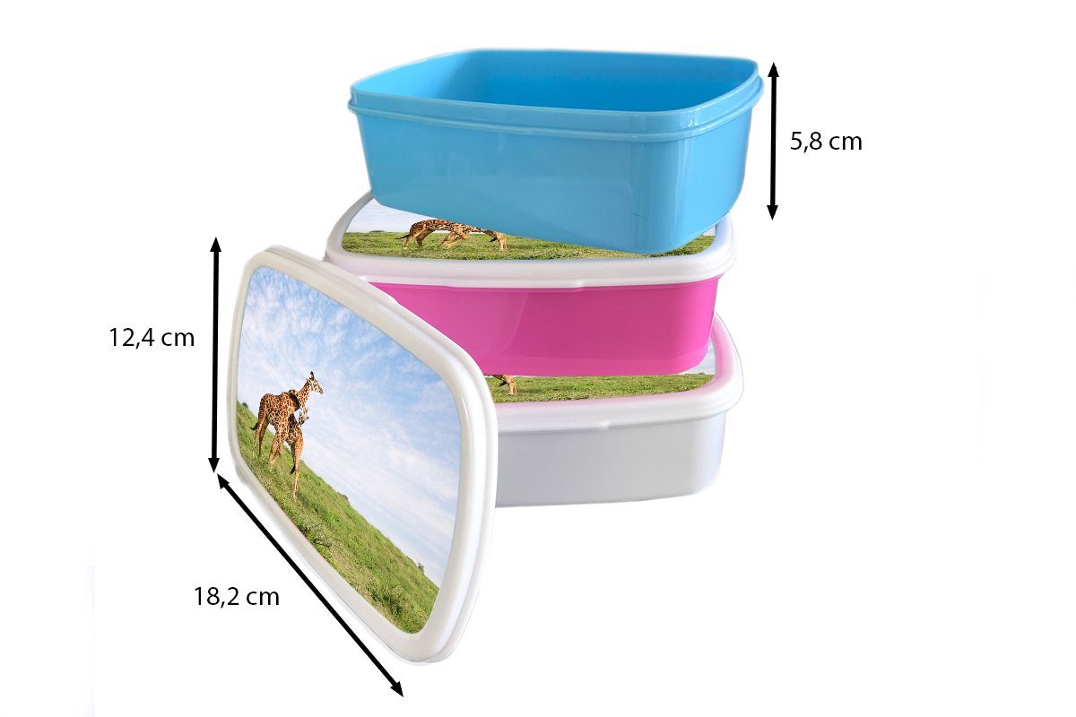 MuchoWow Lunchbox Zwei Giraffen Snackbox, Kinder, Kunststoff, rosa Mädchen, Brotbox Brotdose für Erwachsene, (2-tlg), kuscheln, Kunststoff