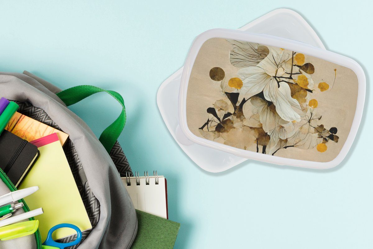 Mädchen - Brotbox weiß Erwachsene, Blumen - Kunststoff, (2-tlg), und und Kinder Lunchbox Brotdose, Pflanzen Gold für - Jungs MuchoWow für Vintage,