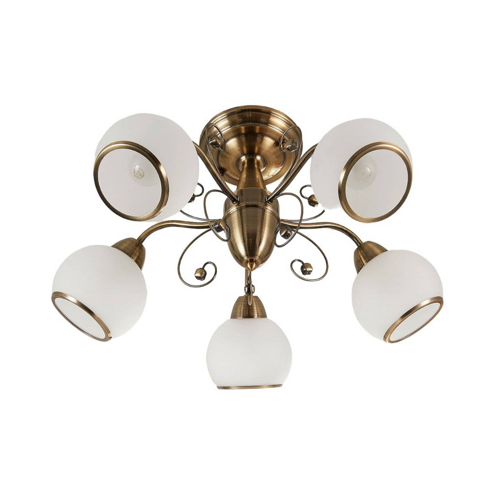 Lindby Deckenleuchte Corentin, dimmbar, Leuchtmittel nicht inklusive, Antik, Glas, Metall, weiß satiniert, altmessing, 5 flammig, E14