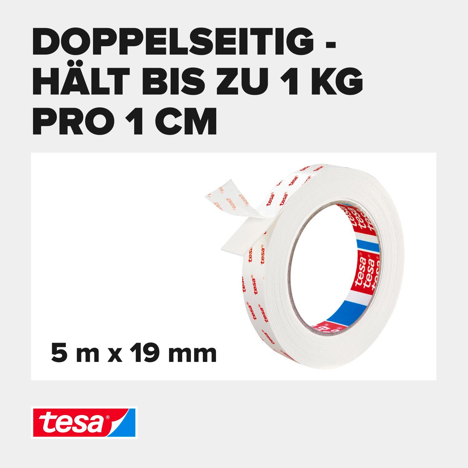 tesa Doppelklebeband POWERBOND Tapete, Putz Doppelseitiges Klebeband - 5 m : 19 mm (Packung, 1-St) Montageband extra stark - sichere Wandbefestigung ohne Bohren