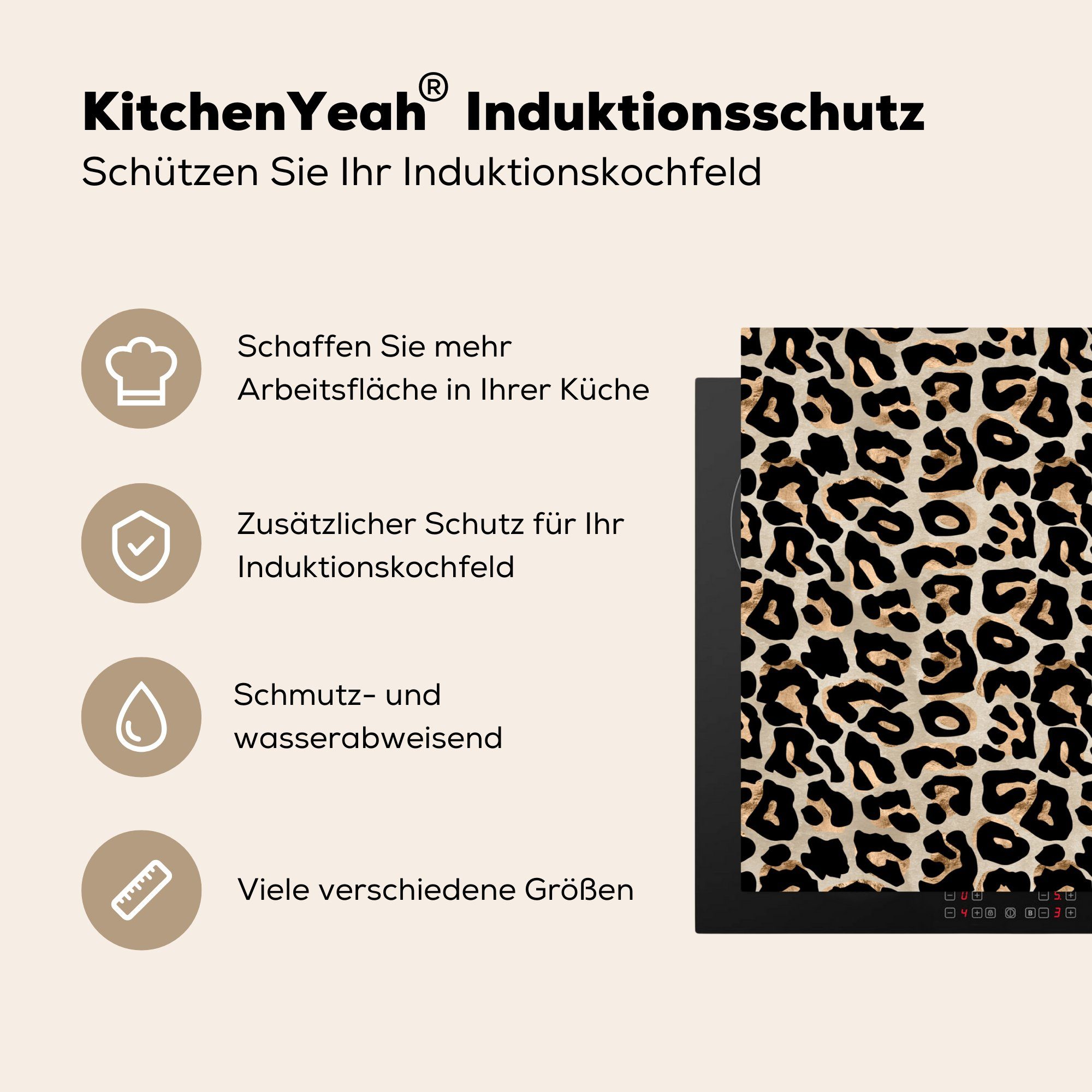 (1 Grau MuchoWow Braun - Pantherdruck für Ceranfeldabdeckung küche, Schutz Vinyl, - 71x52 Herdblende-/Abdeckplatte Induktionskochfeld cm, - Luxus, tlg), die