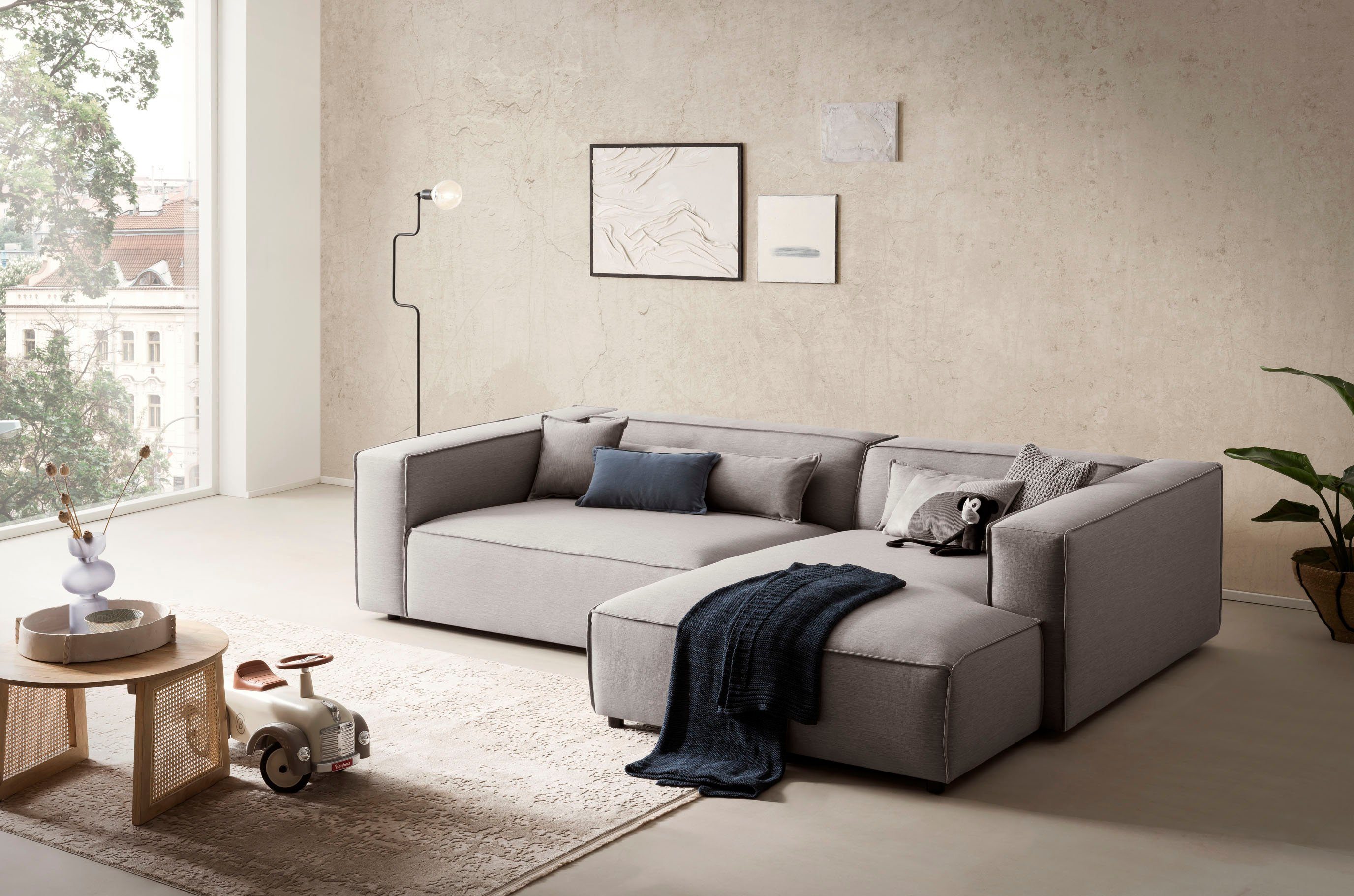 LeGer Home by Lena Gercke Ecksofa PIARA XXL, Big-Sofa, Cord, Leinenoptik o. Strukturstoff, L-Form, wahlweise Ottomane rechts/links, Kedernaht, extra tiefe Sitzfläche
