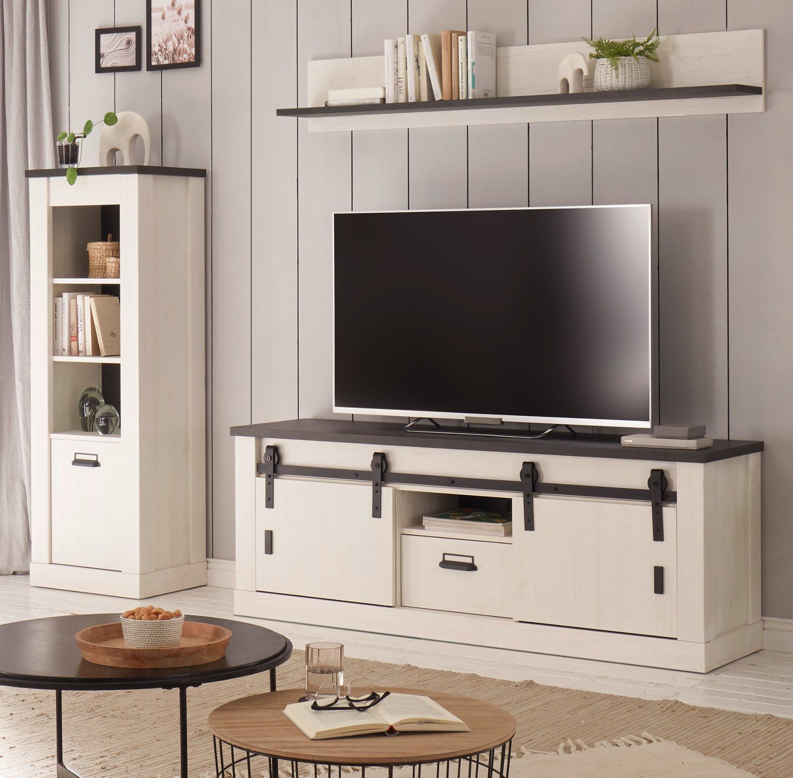 Furn.Design Wohnwand Stove, (Wohnzimmer Set in Pinie weiß mit Anthrazit, 3-teilig, 230 x 170 cm), Soft-Close-Funktion, mit Scheunentorbeschlag