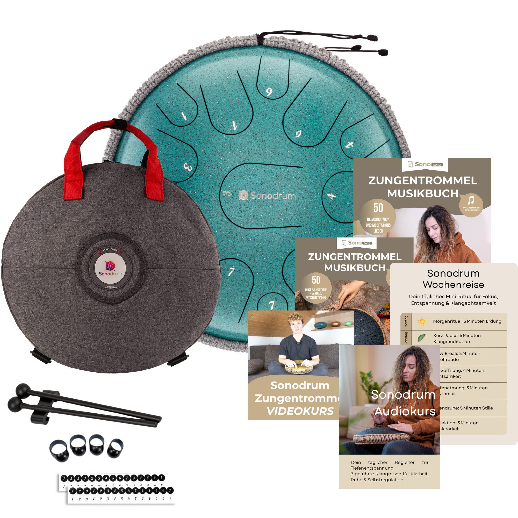 Sonodrum Steel Tongue Drum Premium,Entspannungs-Startet-Set, mit Tragetasche und Onlinekurs, 15 Töne in C-Dur, handgefertigt