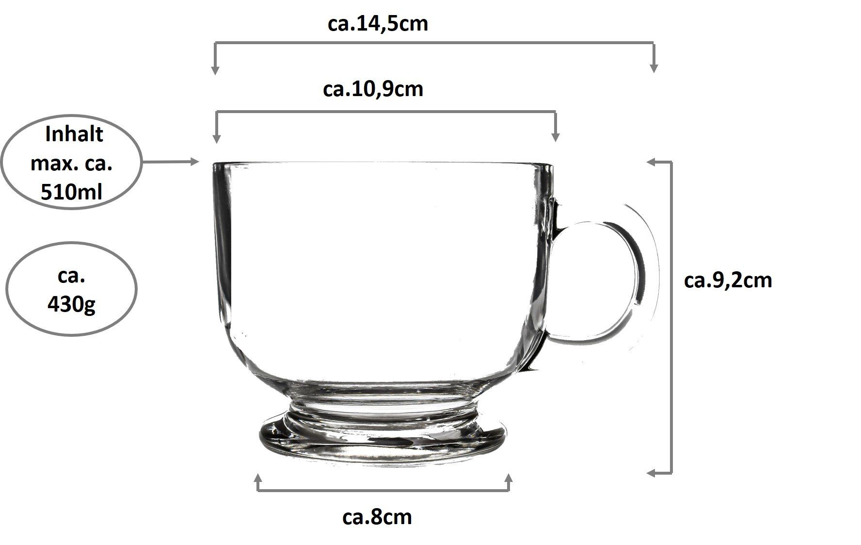 Müslischale Cappuccinotasse Jumbotasse Glas - - - Suppentasse Stück 6 Lyon 510ml Emilja aus