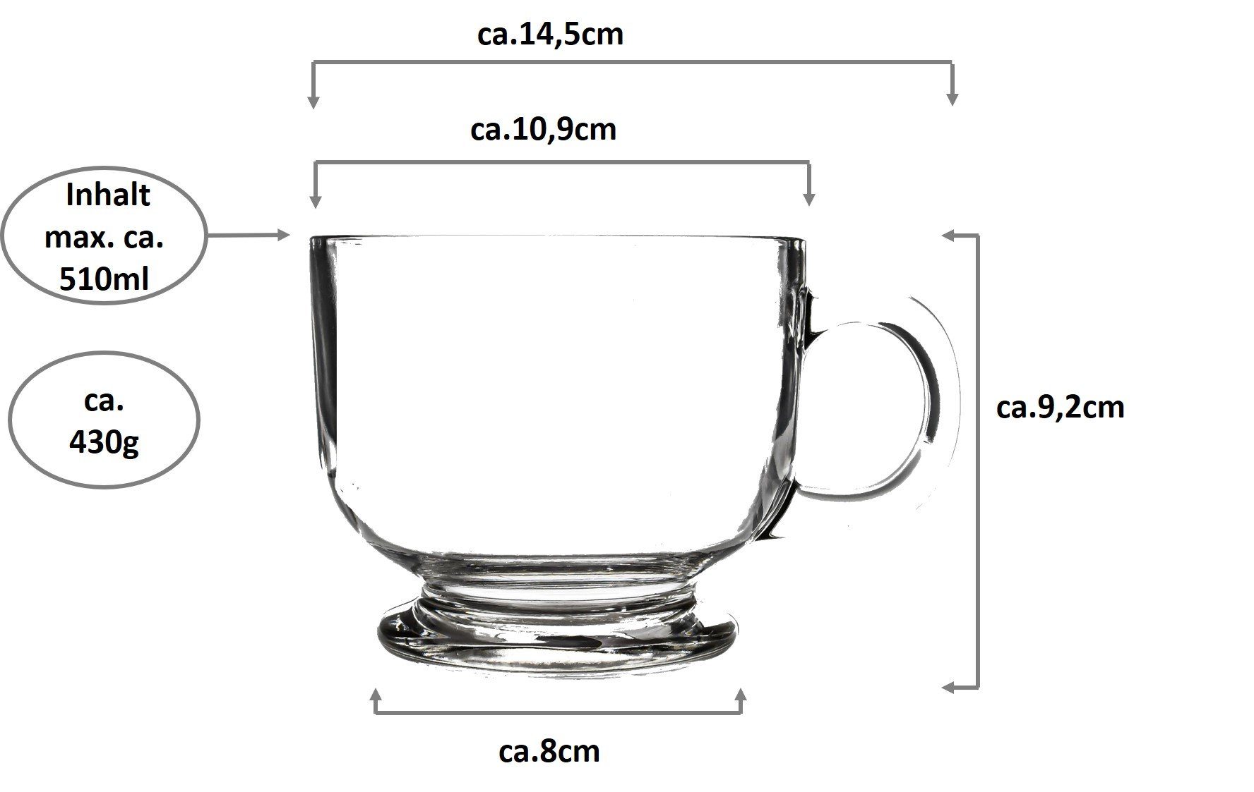 Emilja Cappuccinotasse Jumbotasse Stück Lyon Glas Müslischale - 510ml 6 aus - - Suppentasse