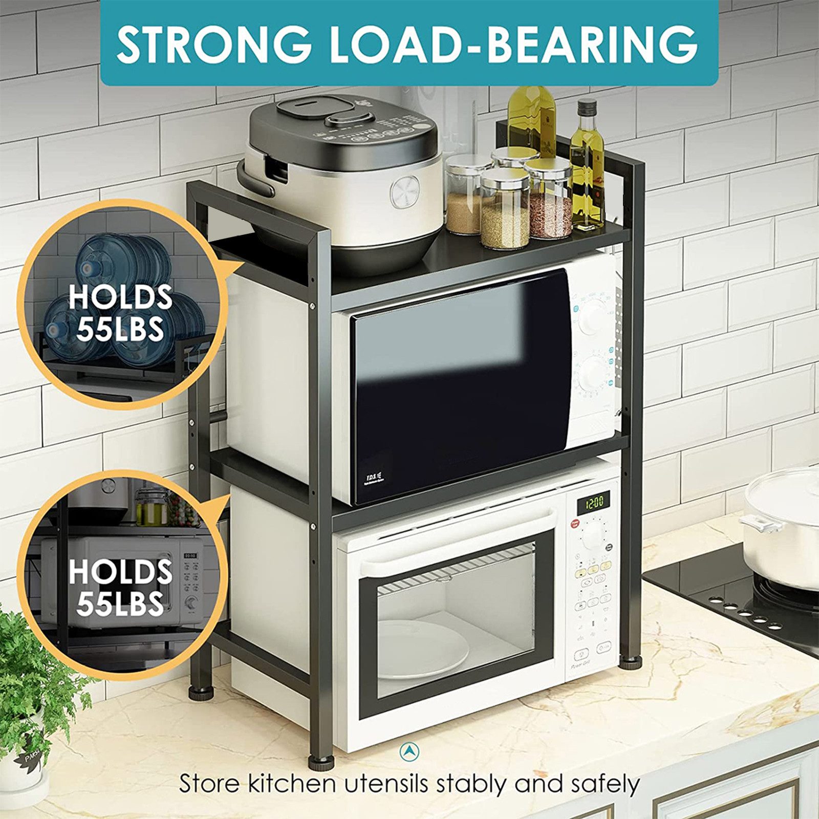 JEOBEST Regalelement Küchenregal Mikrowellenregal 3-Stufig, Erweiterbares Mikrowellen Regal, mit 6 Haken für Arbeitsplatte,Bäckereiregale,Küchenorganizer
