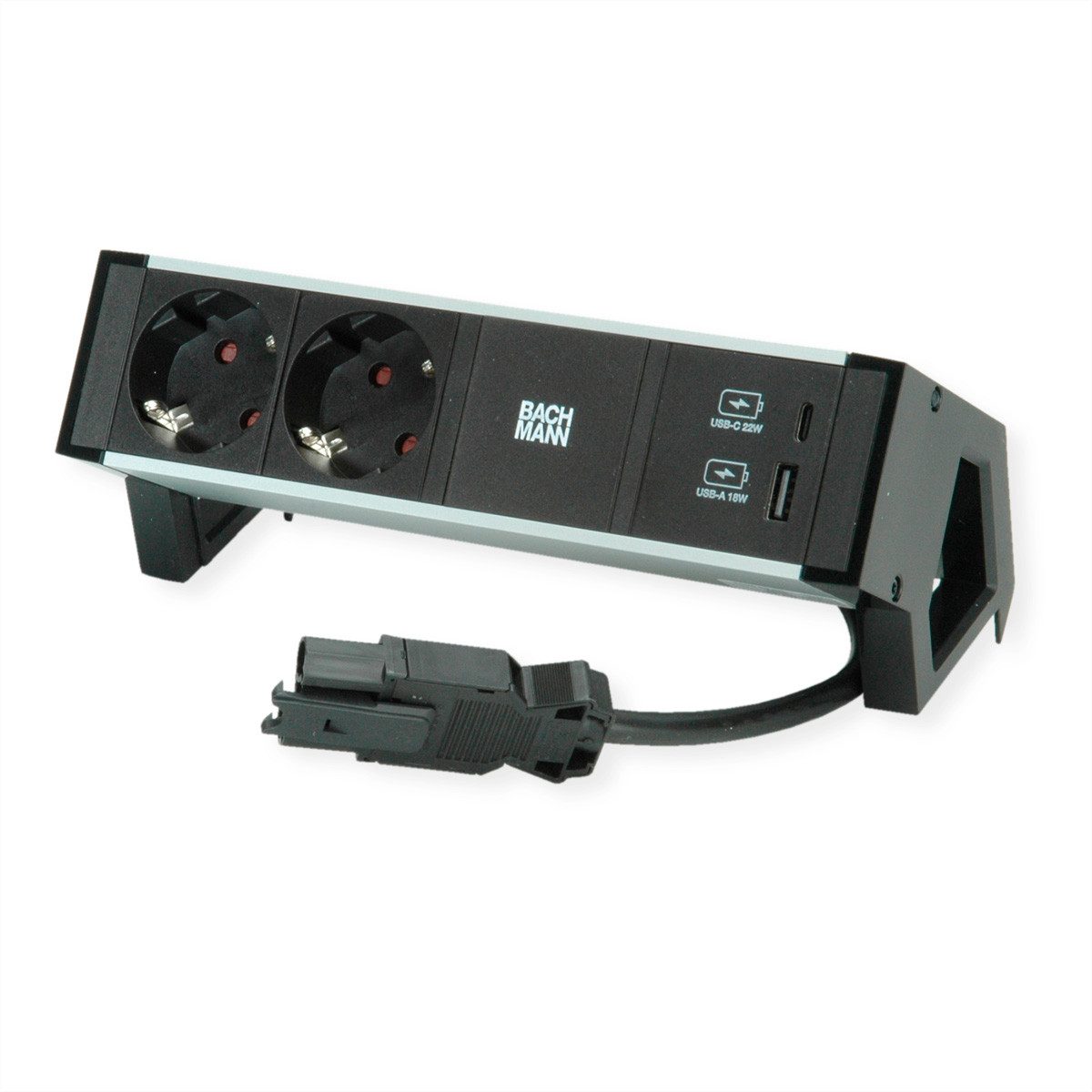 Bachmann DESK2 ALU BLACK 2xSchutzkt.USB Steckdosenleiste (Kabellänge 0.2 m), USB Charger 22W A&C 0,2m GST18, 937.301