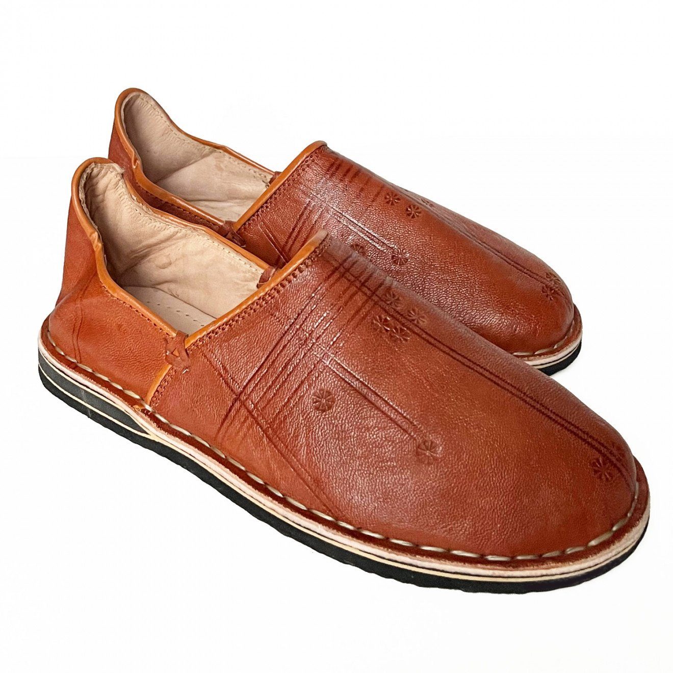 l-artisan Orientalische Lederschuhe, Pantoffel, BABOUSCHE MARAKKECH Hausschuh Cognac