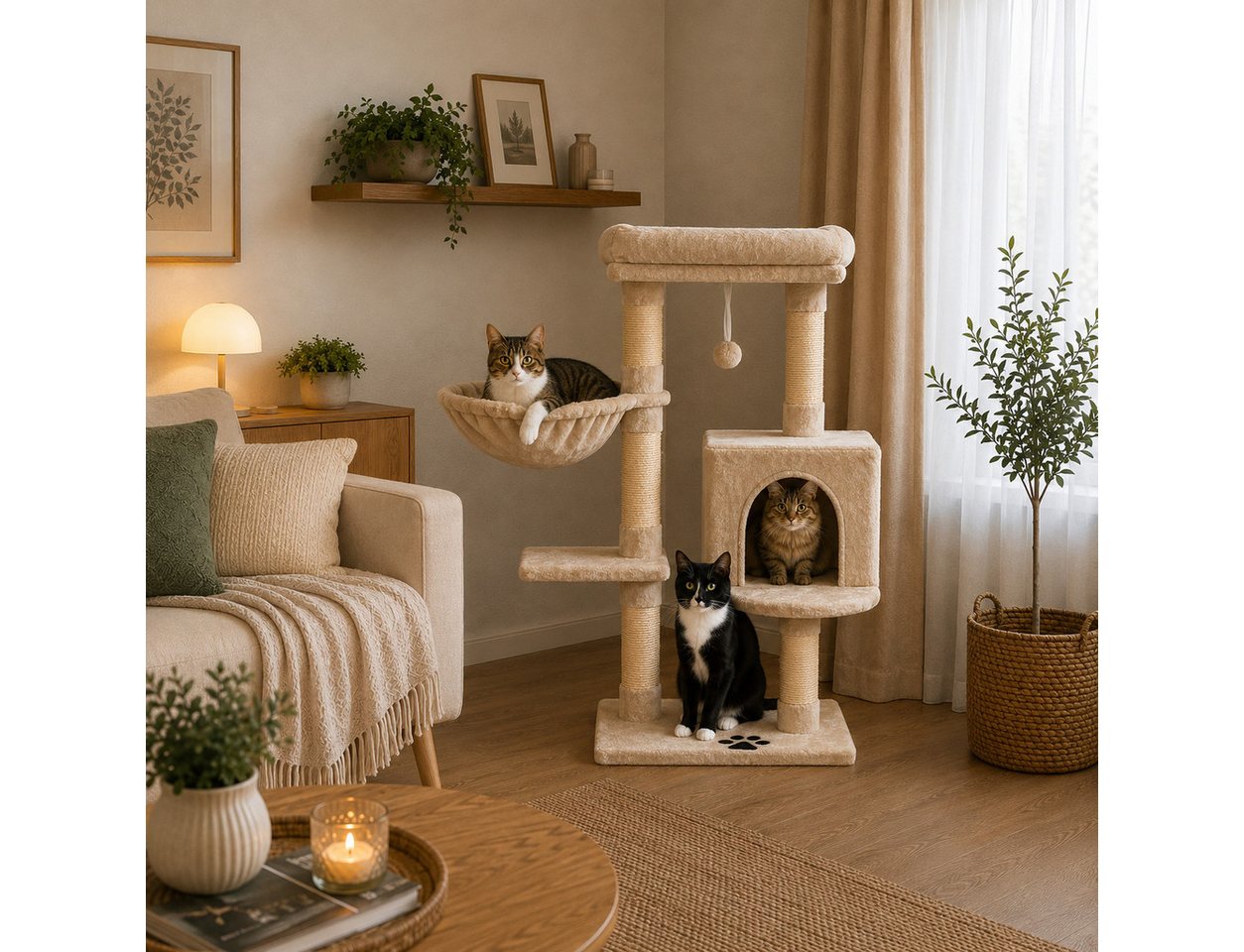 belviona Kratzbaum 93 cm mit Liegemulde, Höhle, Liegebett & Sisalstämmen, beige, Vielseitiger Katzenkratzbaum mit Wandhalterung