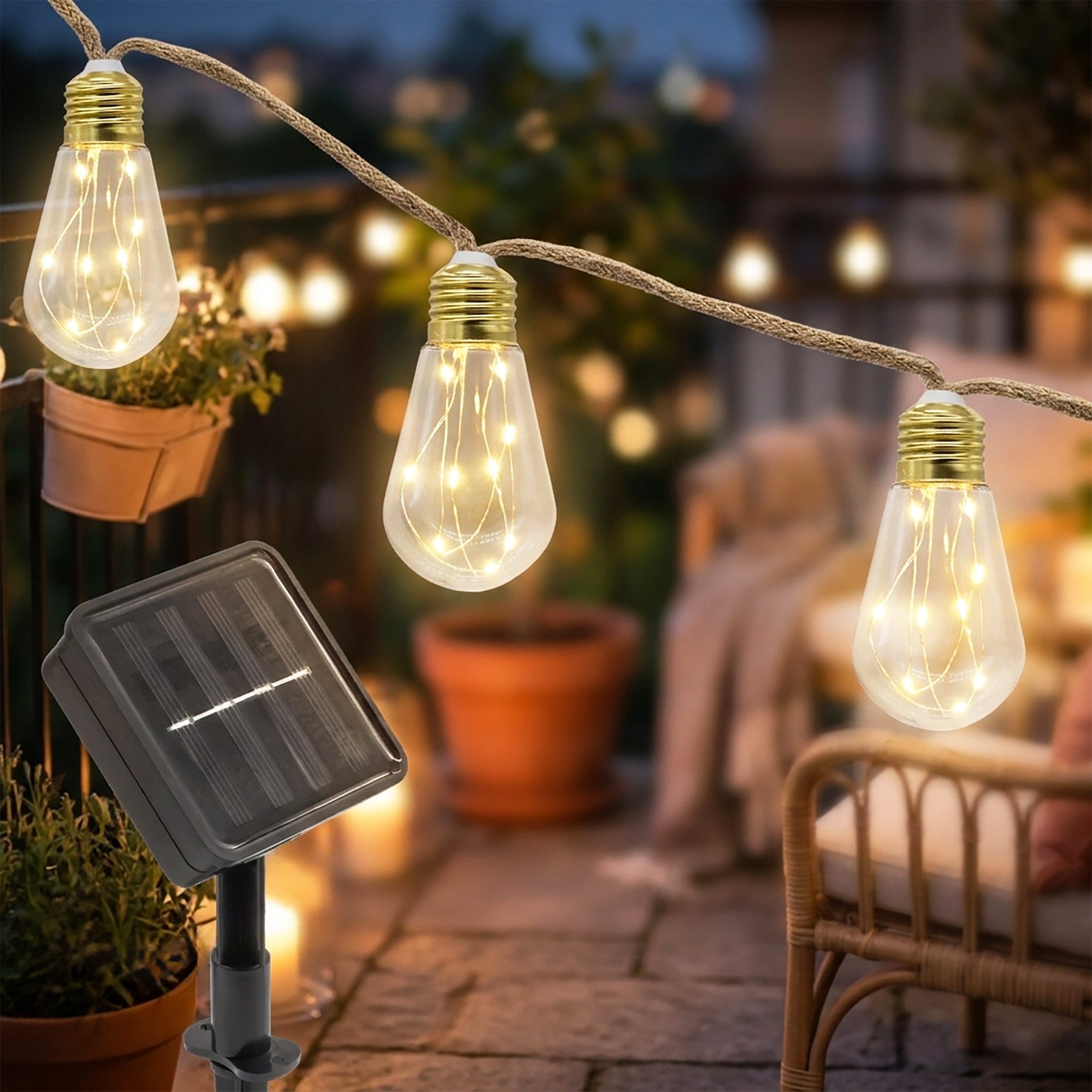 Spetebo Lichterkette Vintage LED Solar Lichterkette, 16-flammig, Garten Deko Beleuchtung mit transparenten Lampen an Naturkordel