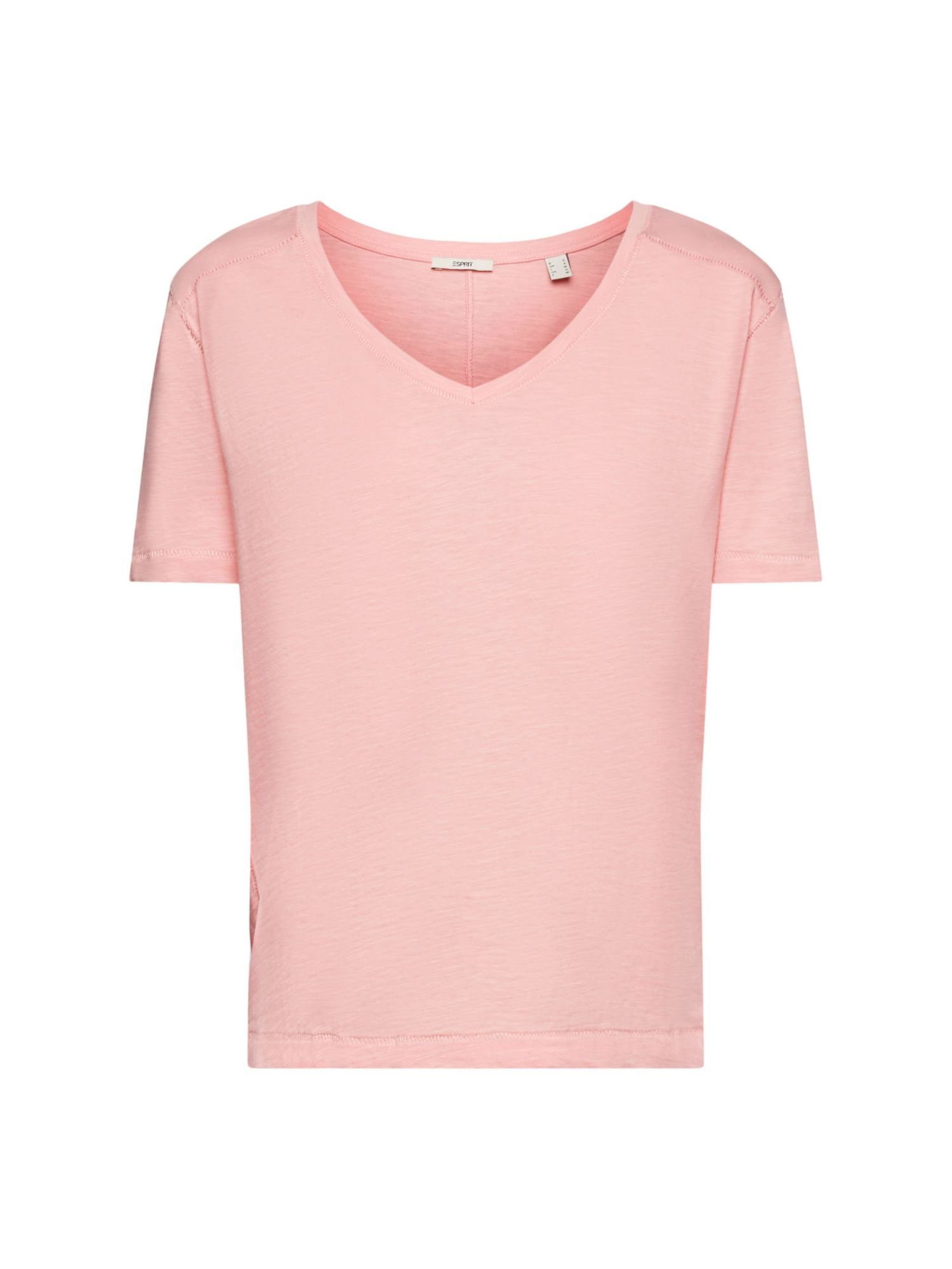 Esprit T-Shirt Baumwoll-T-Shirt mit V-Ausschnitt und Ziernähten (1-tlg) PINK