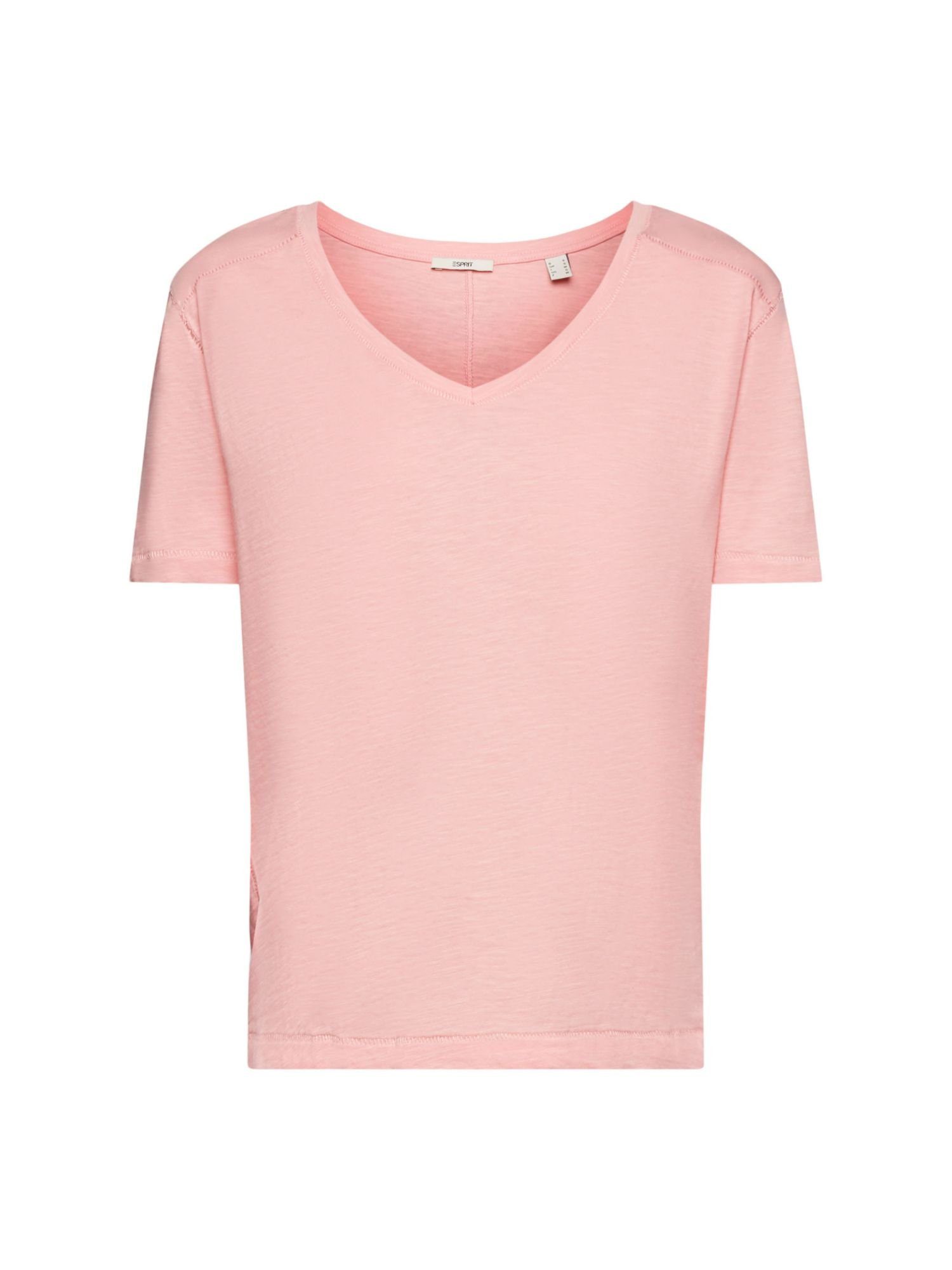 (1-tlg) Baumwoll-T-Shirt T-Shirt und Esprit Ziernähten PINK mit V-Ausschnitt