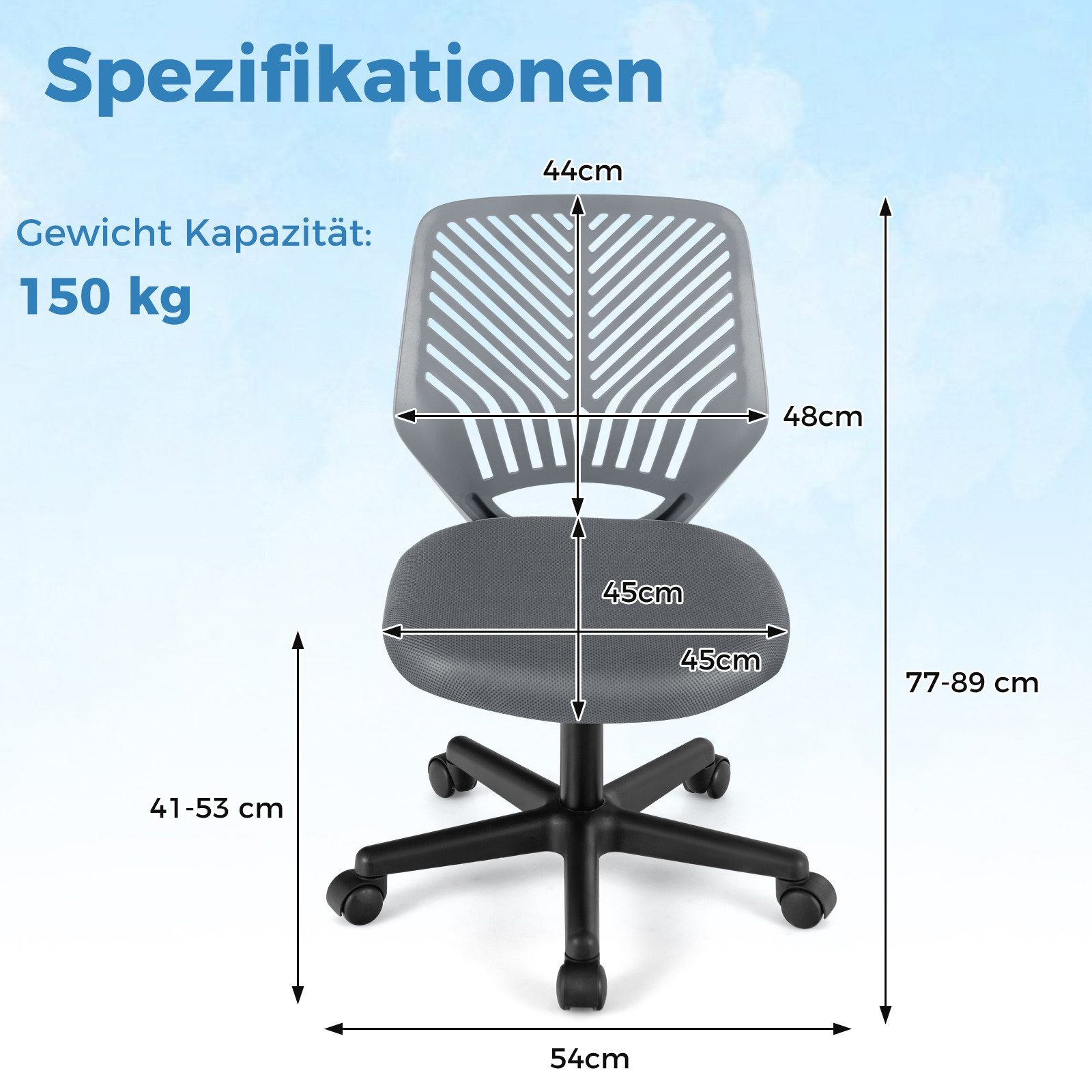COSTWAY Drehstuhl, Kinder Bürostuhl höhenverstellbar, armlose, bis 150kg