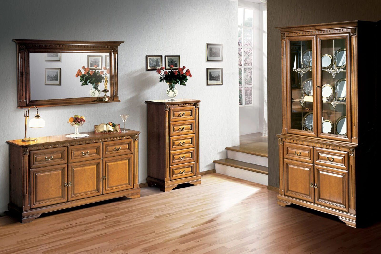 JVmoebel Wohnzimmer-Set, Wohnzimmer Schrank Kommode Italien Spiegel klassisches Set 3tlg Holz
