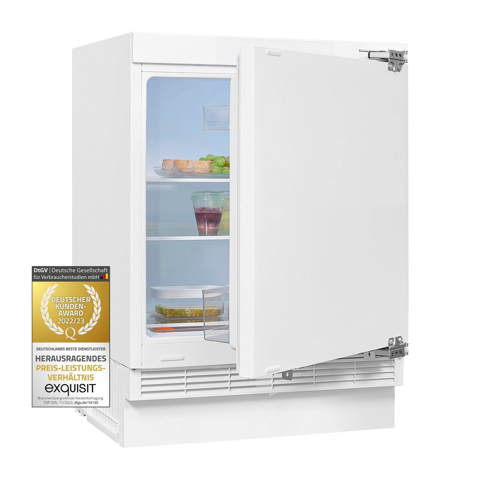 exquisit Einbaukühlschrank UKS140-V-FE-010E, 82,3 cm hoch, 59,5 cm breit, Ideal zum Unterbauen in die Küchenzeile für kleine Küchen, Büroküchen