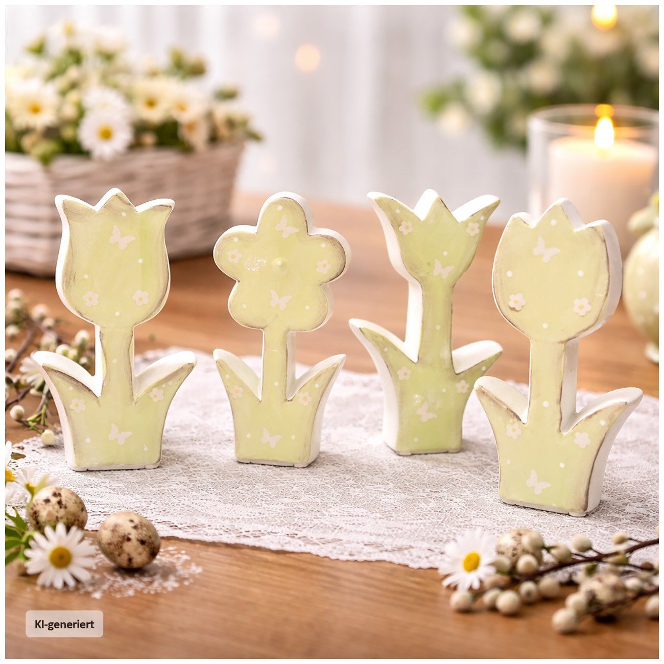 HTI-Living Dekofigur Frühlingsblumen 4 er Set aus Keramik 15 cm (Set, 4 St., 4 Keramikblumen mit verschiedenen Motiven), Dekoblume