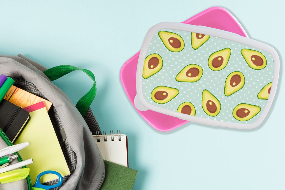 - Mädchen, - MuchoWow Brotdose rosa Kunststoff, dots, Erwachsene, Muster Polka für Lunchbox Kunststoff Kinder, (2-tlg), Snackbox, Brotbox Avocado
