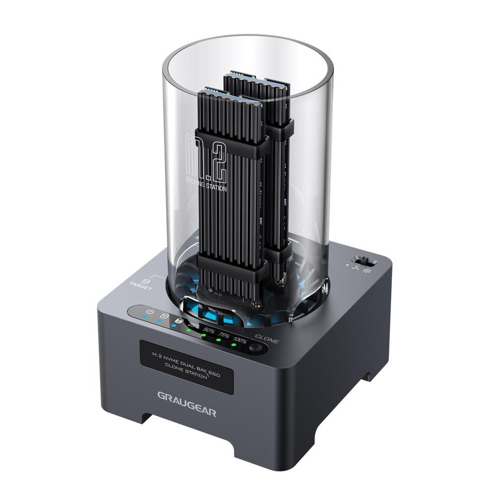 GRAUGEAR Laptop-Dockingstation Klonstation G-M2DK-CL-20G, USB3.2 Gen2x2, für 2x M.2 NVMe SSD, mit Lüfter und One-Touch-Klontaste