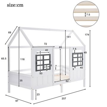 HAUSS SPLOE Bett Hausbett Kinderbett Bettrahmen Holzbett Einzelbett (mit 2 Fenstern, Rahmen aus Kiefer, 200x90cm), Ohne Matratze