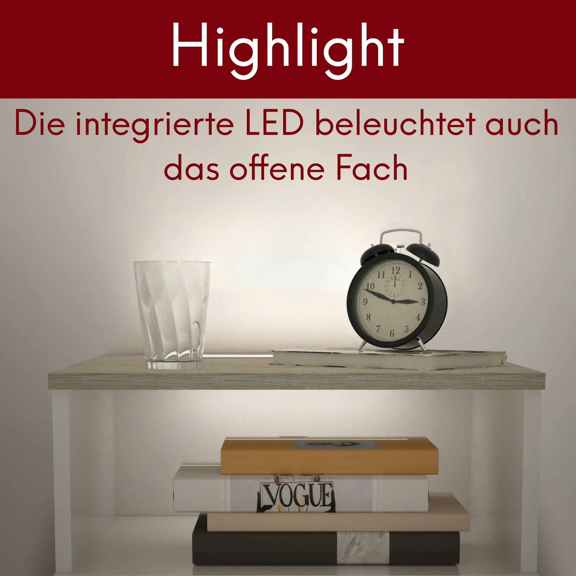 Nachtkonsole Licht, - Weiß Mila dimmbar mit integr. LED kalb Nachttisch Beistelltisch