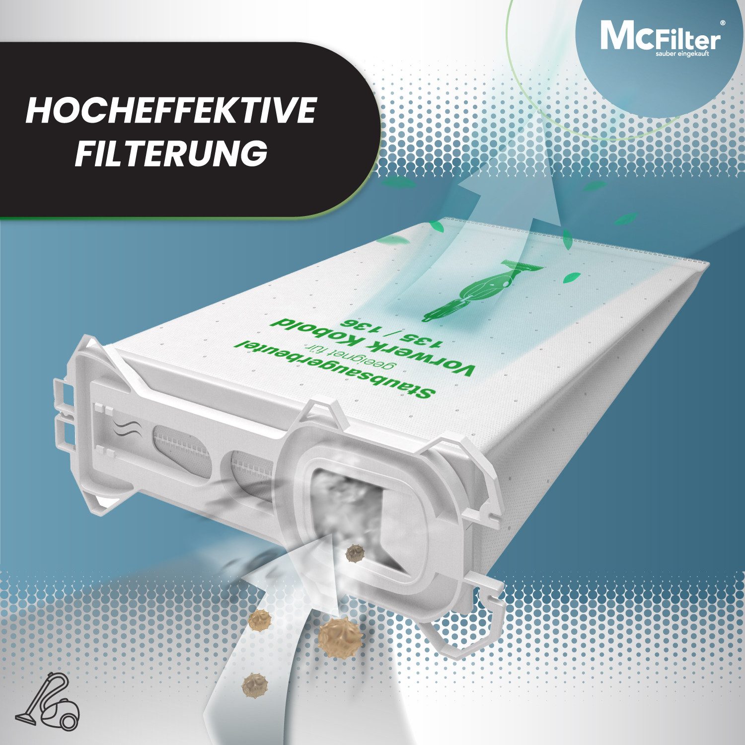 McFilter Staubsaugerbeutel (6 Stück), passend für Vorwerk Kobold 135, 136, 135SC, VK 135 und VK 136, 6 St., 5-lagiger Staubbeutel aus Vlies, mit Hygieneverschluss
