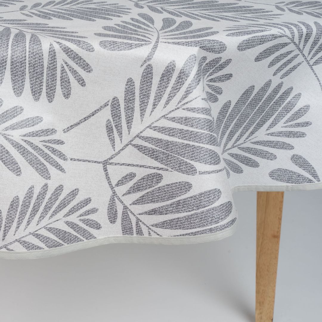 laro Tischdecke 140cm runde Tischdecke mit Saum-Eingefasst Blattgeflüster Grau Weiß – Bild 4 von 5