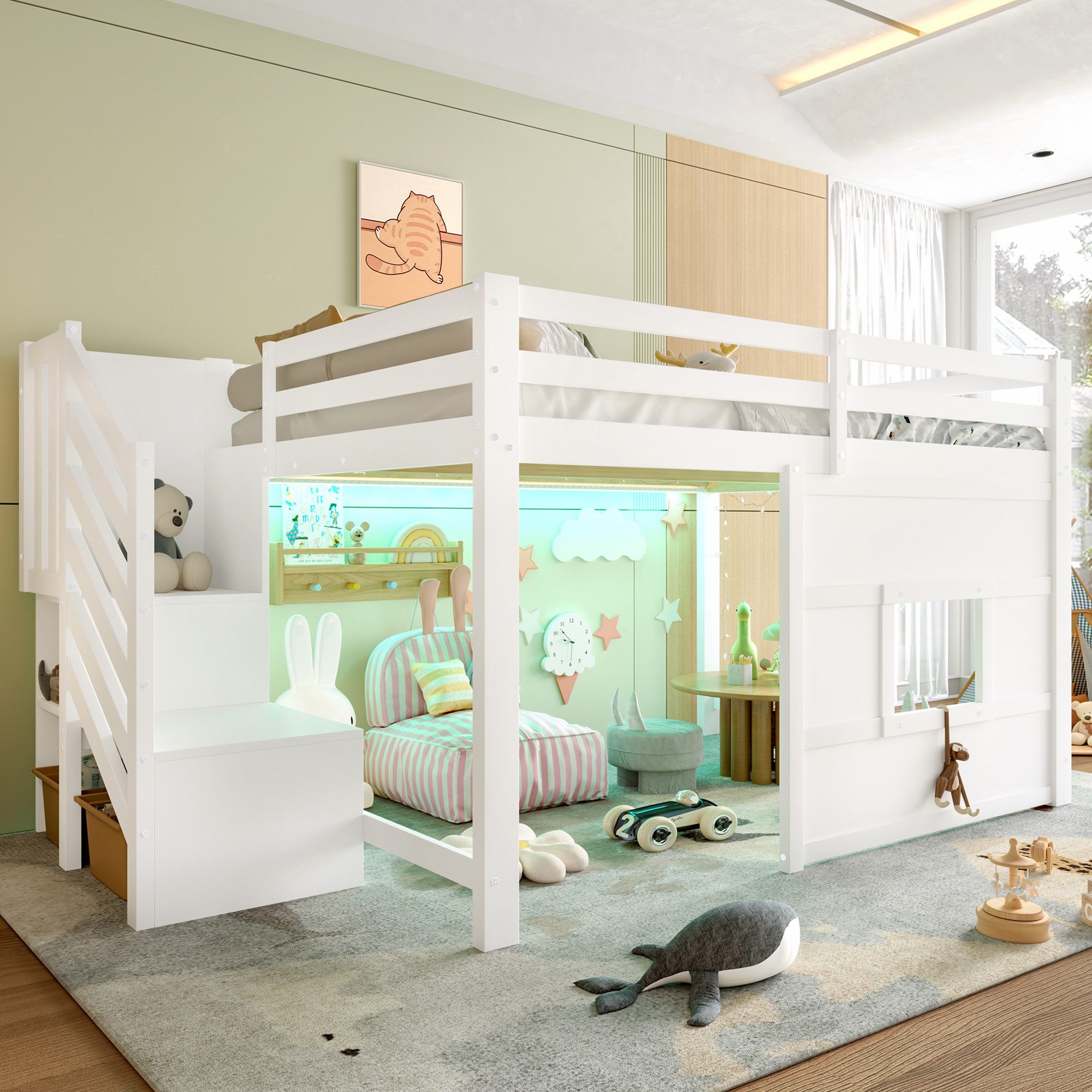 Merax Hochbett mit LED-Beleuchtung (Kieferholz Hausbett Spielbett, 1-St) Kinderbett 140x200cm mit Treppe Fenster Stauraum Sicherheitsgeländer