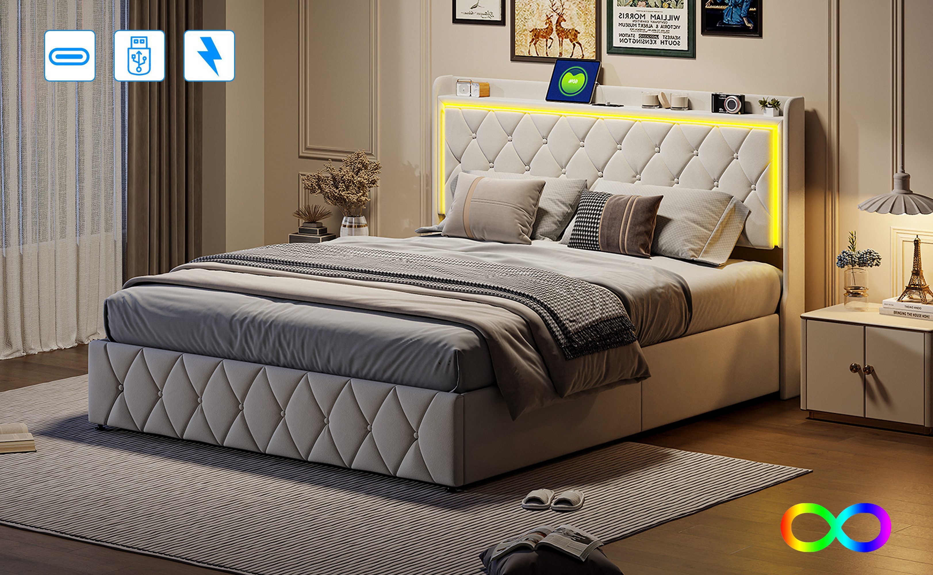 Furnishings Home Polsterbett Stauraumbett LED Doppelbett (1-tlg. Mit LED-Li günstig online kaufen