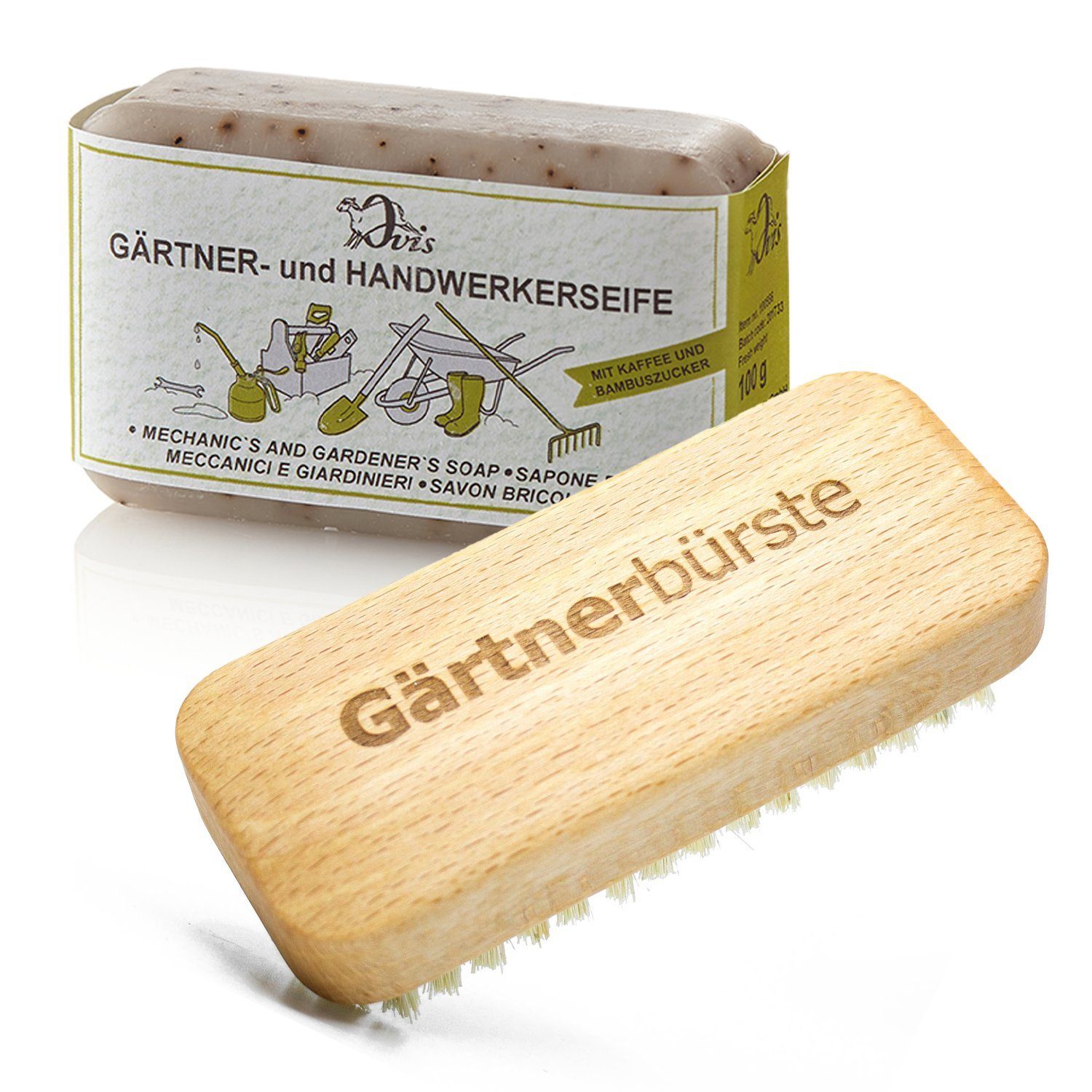 Landshop24 Nagelbürste Gärtnerseife - Handwerkerseife + Gärtnerbürste helle Borste, Spar-Set, 2-tlg., Gärtnerset, helle kräftige Naturfibre