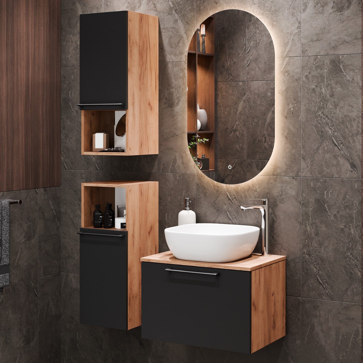 Planetmöbel Badmöbel-Set ASTRA Waschtischunterschrank 60 cm mit Midischrank, (Waschbeckenunterschrank, 3-St., Badmöbel Set), Badezimmer Möbel im modernen Design