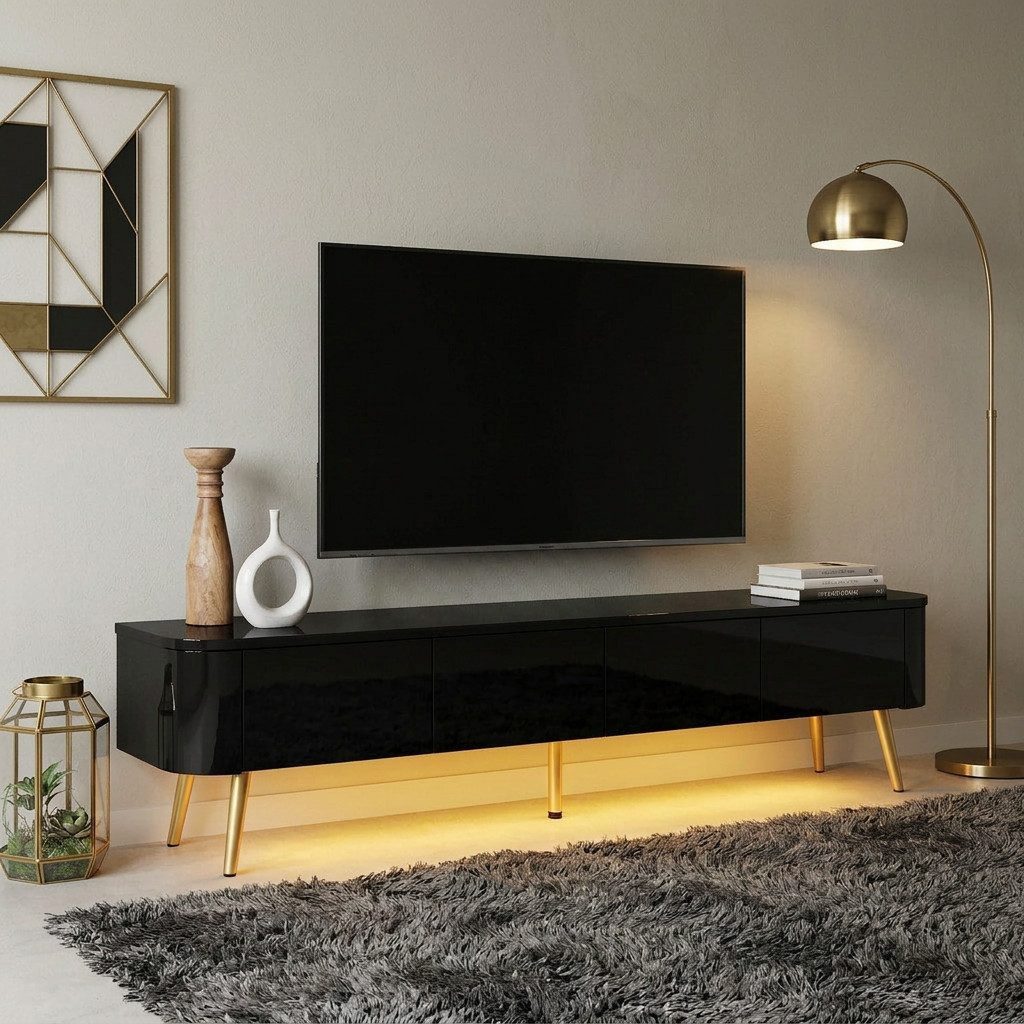 FUFU&GAGA Lowboard 140-200cm TV-Board Hochglanz LED, Weiß/Schwarz, ausziehbar – Bild 3 von 5