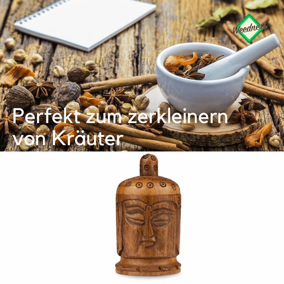 Weedness Kräutermühle Mini Crunsher Wood Holz Crusher Set Grinder Buddha klein 4-teiliges handgeschnitzt