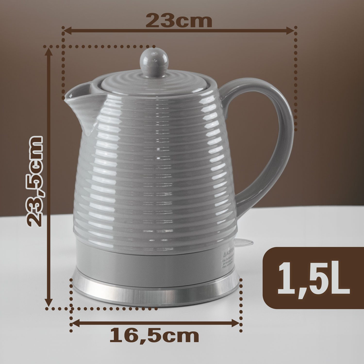 KVOTA Wasserkocher Elektrischer Wasserkocher aus Keramik, 1,5 Liter, Design Grand, grau, 1.5 l, 1500 W